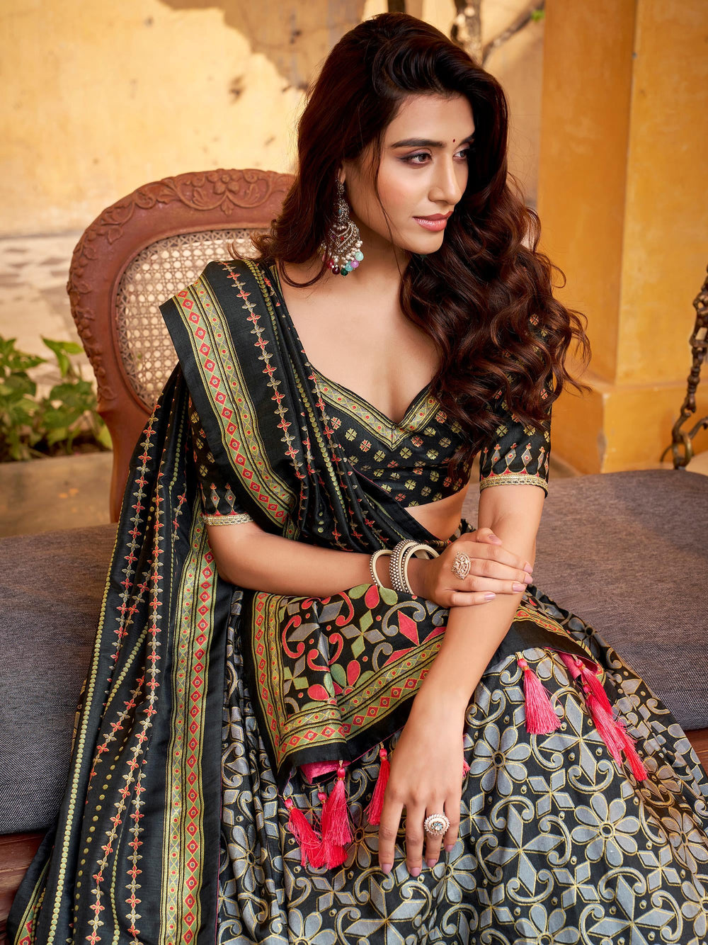 Black Silk Digital Printed Traditional Lehenga Choli for Women