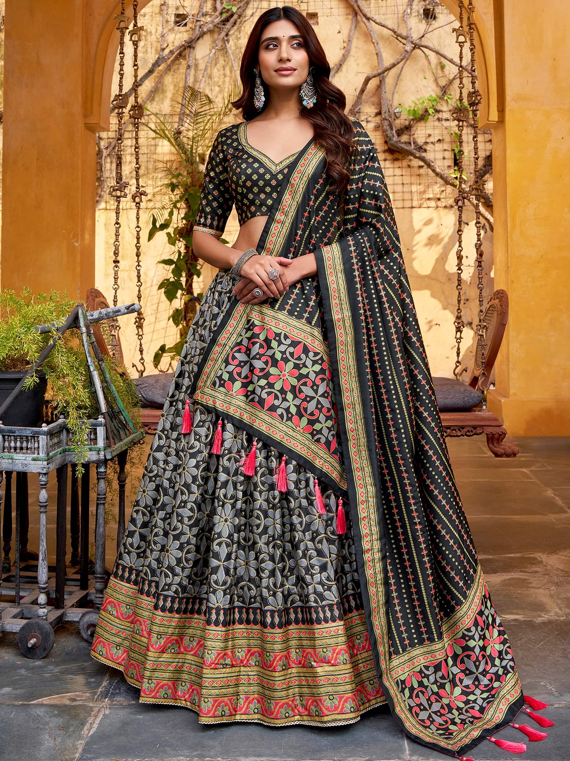 Black Silk Digital Printed Traditional Lehenga Choli for Women