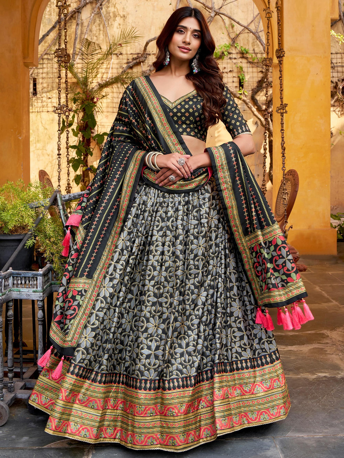 Black Silk Digital Printed Traditional Lehenga Choli for Women