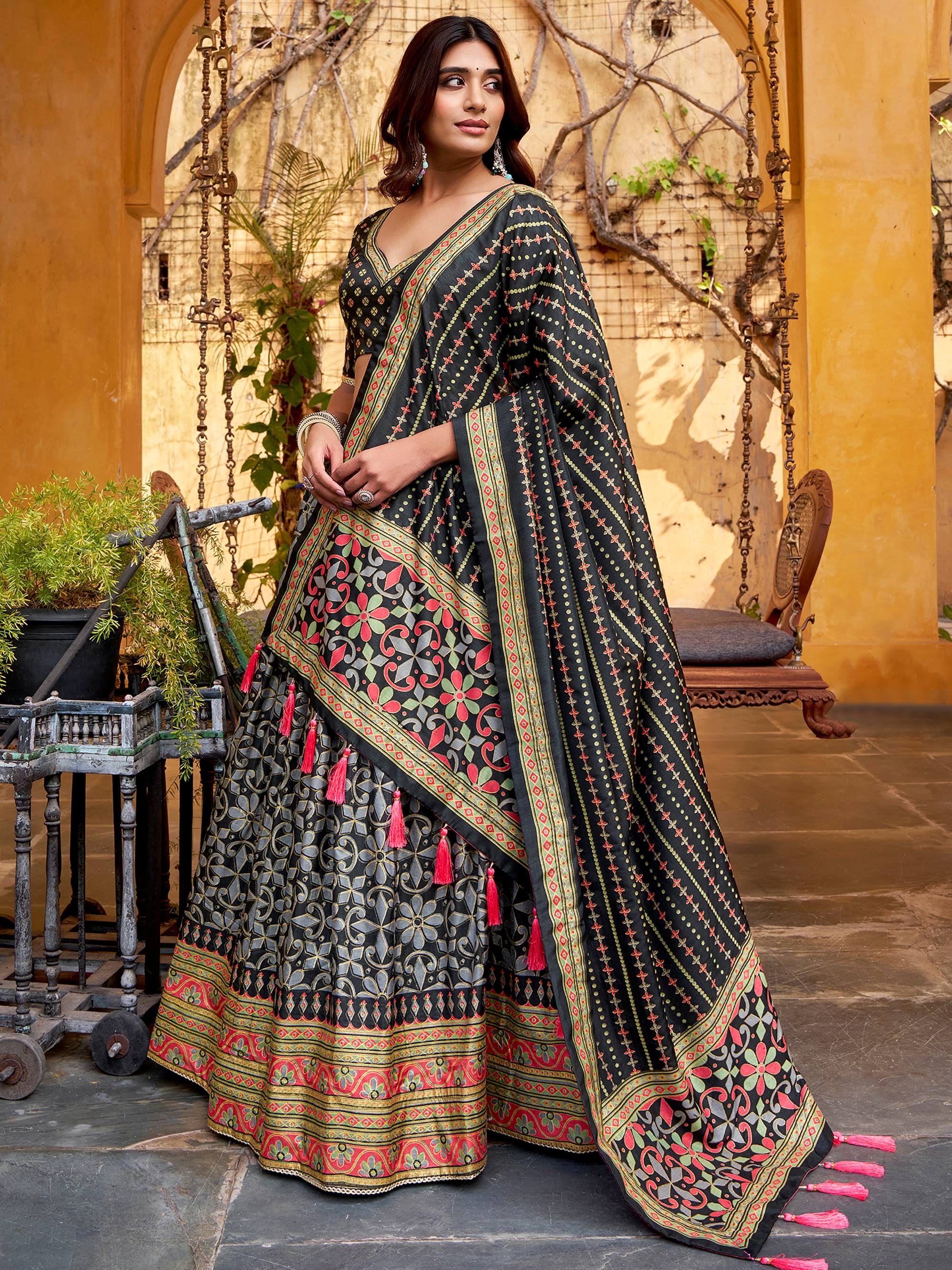 Black Silk Digital Printed Traditional Lehenga Choli for Women