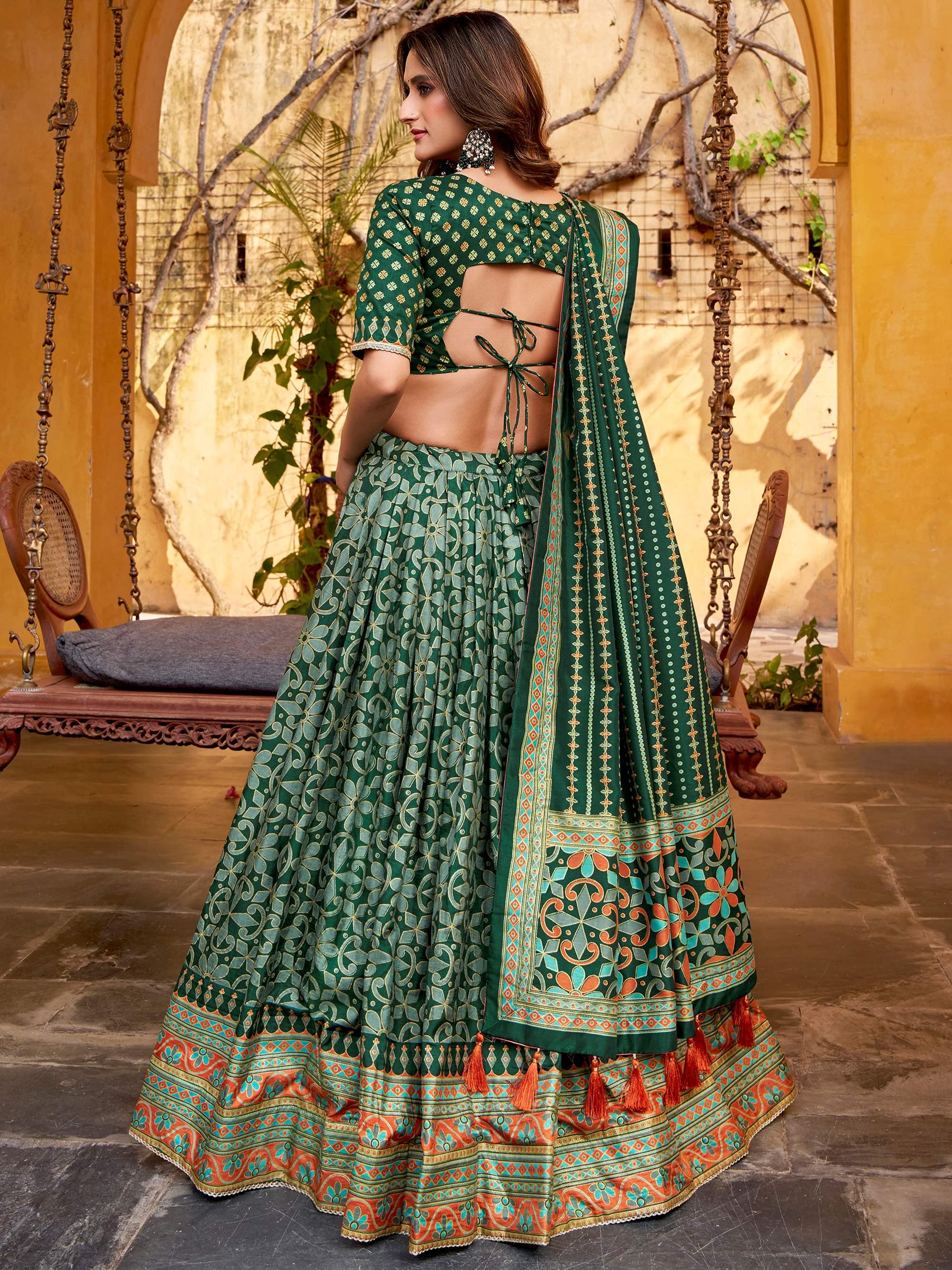 Green Silk Digital Printed Bridesmaid Lehenga Choli for Women