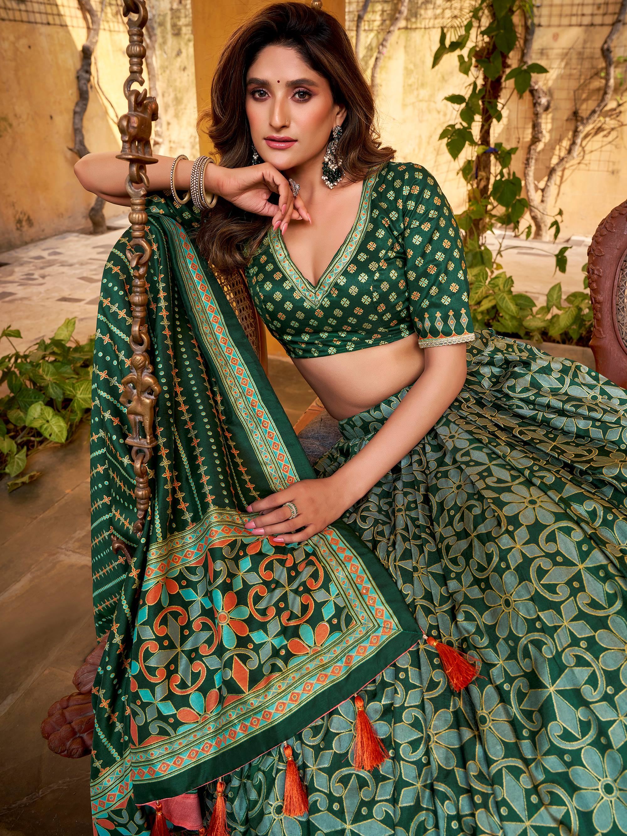 Green Silk Digital Printed Bridesmaid Lehenga Choli for Women