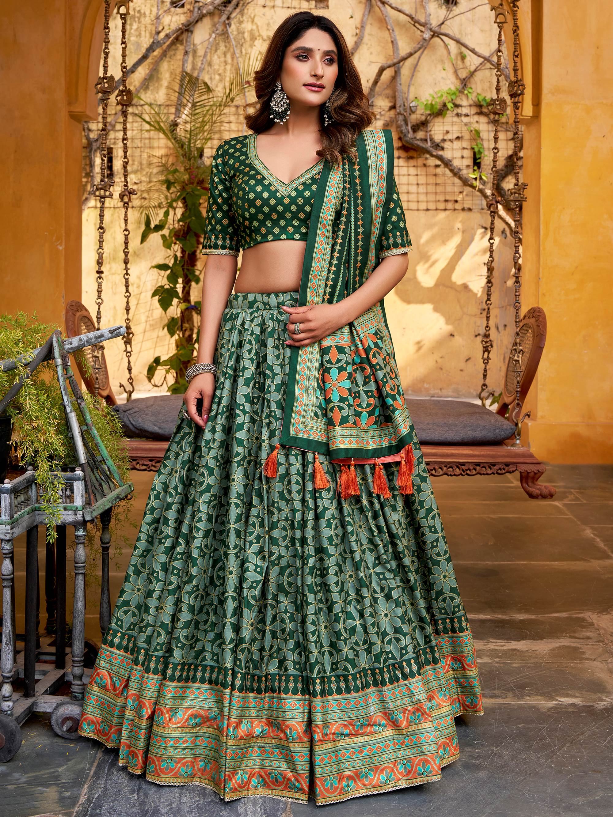 Green Silk Digital Printed Bridesmaid Lehenga Choli for Women