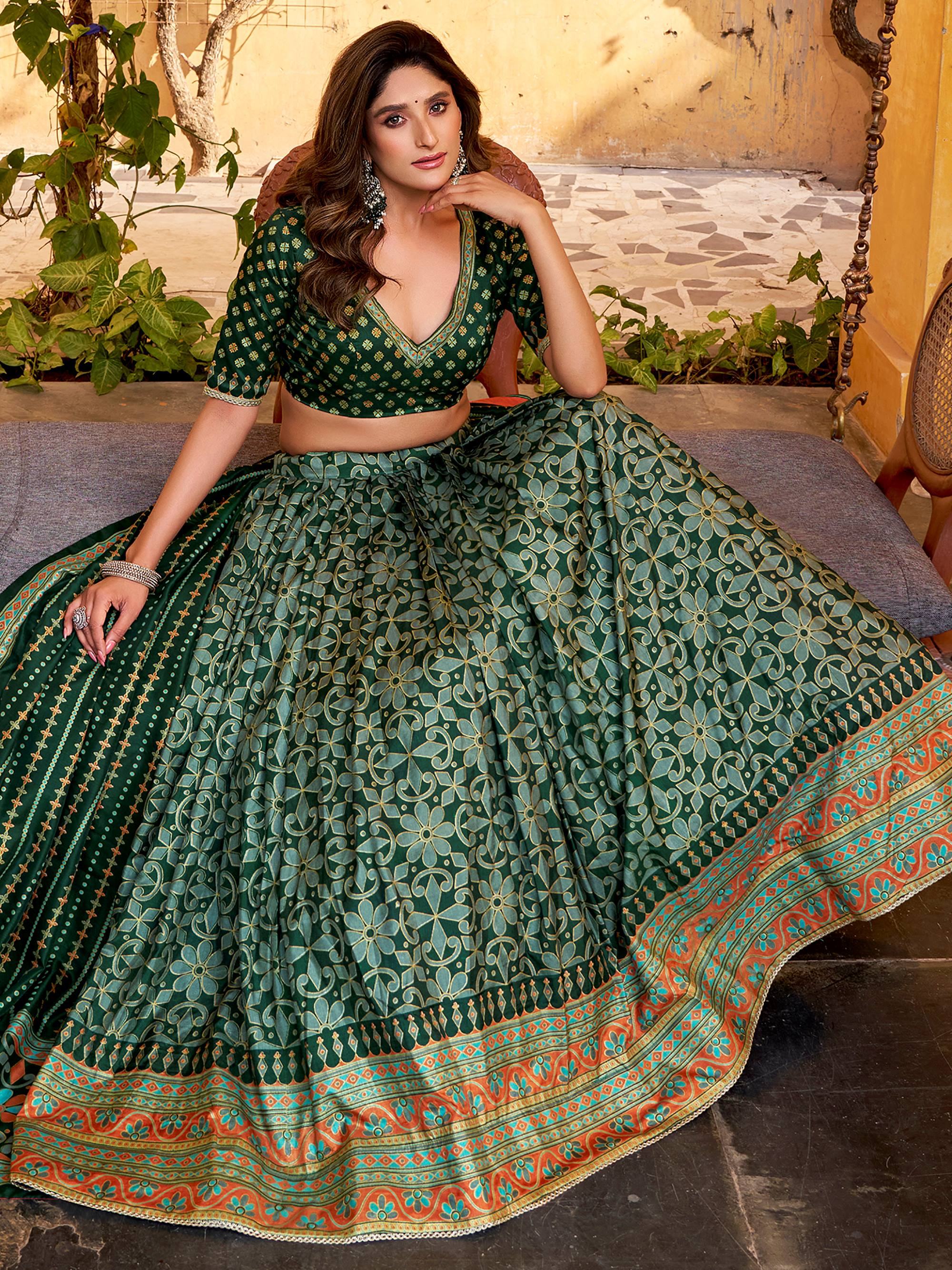 Green Silk Digital Printed Bridesmaid Lehenga Choli for Women