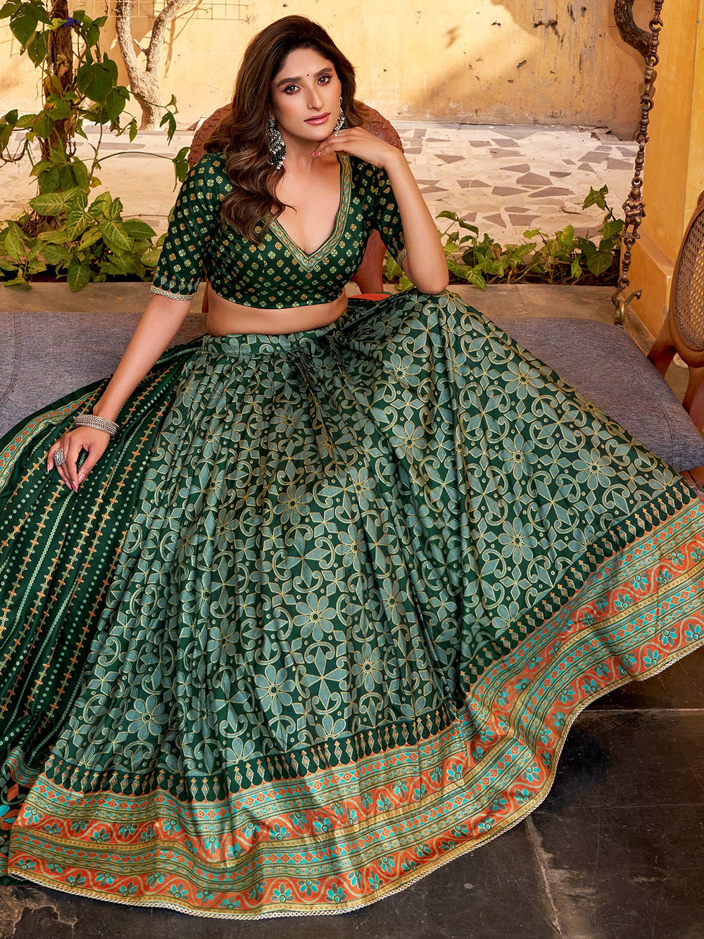Green Silk Digital Printed Bridesmaid Lehenga Choli for Women