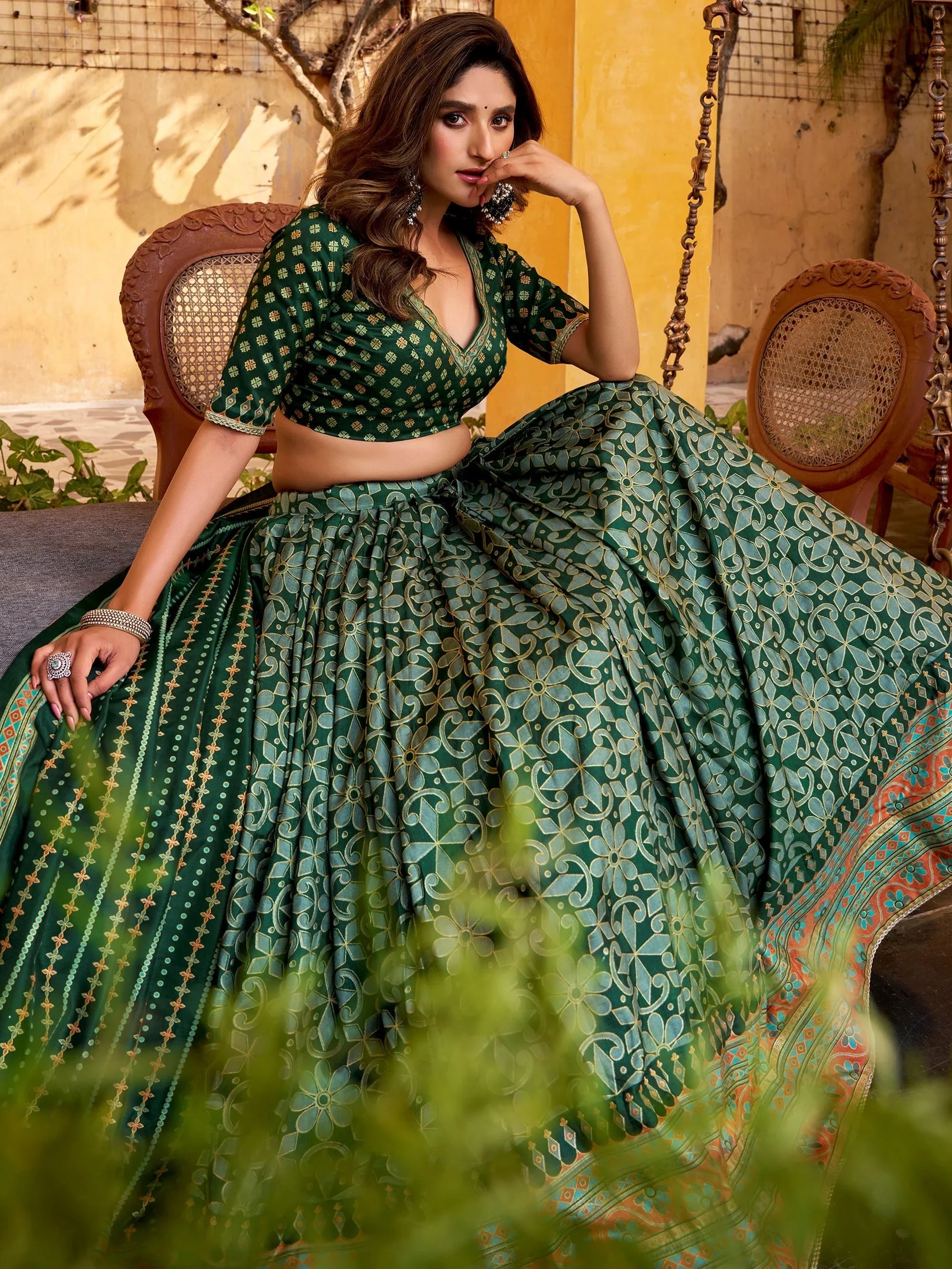 Green Silk Digital Printed Bridesmaid Lehenga Choli for Women