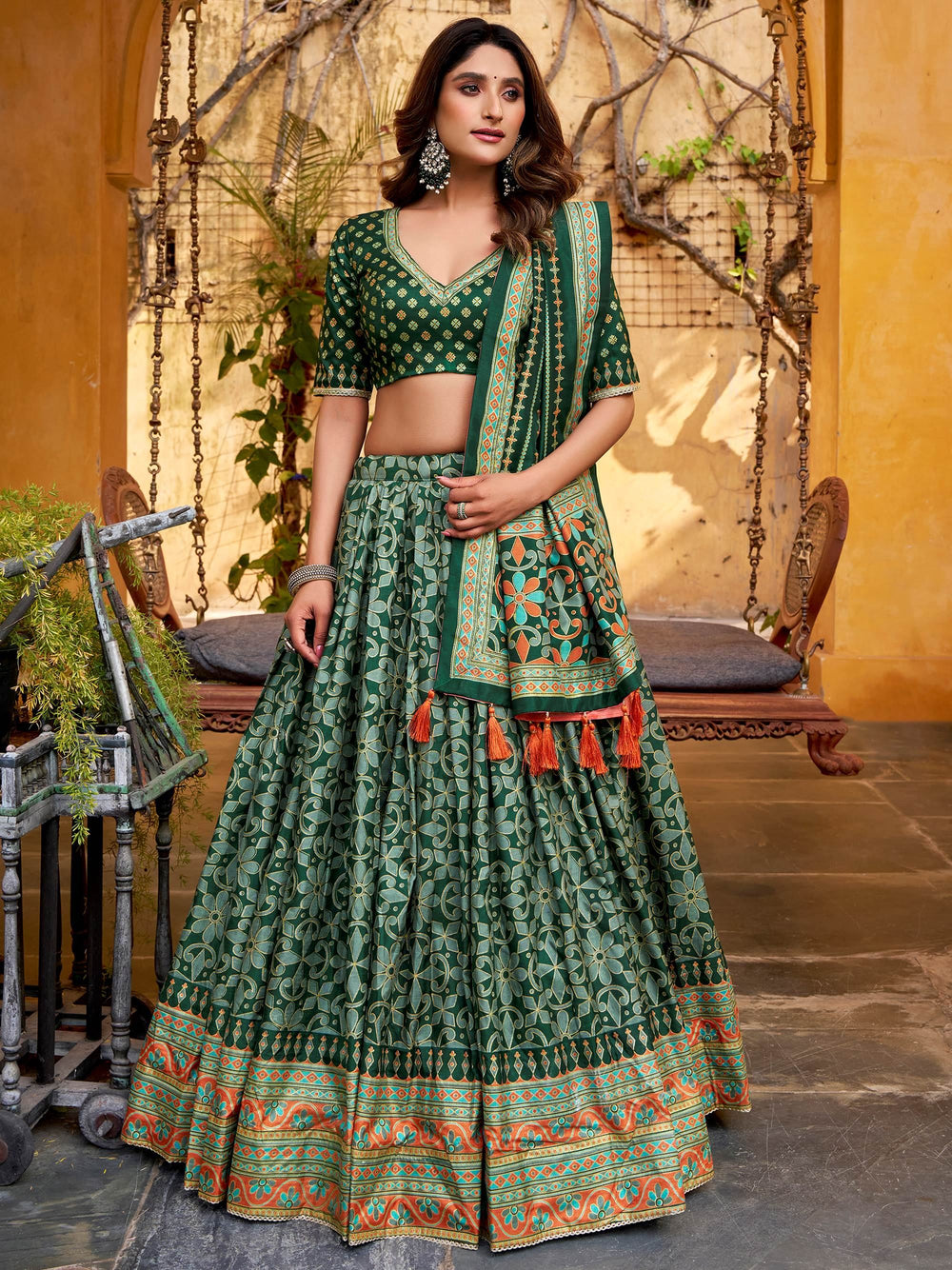 Green Silk Digital Printed Bridesmaid Lehenga Choli for Women