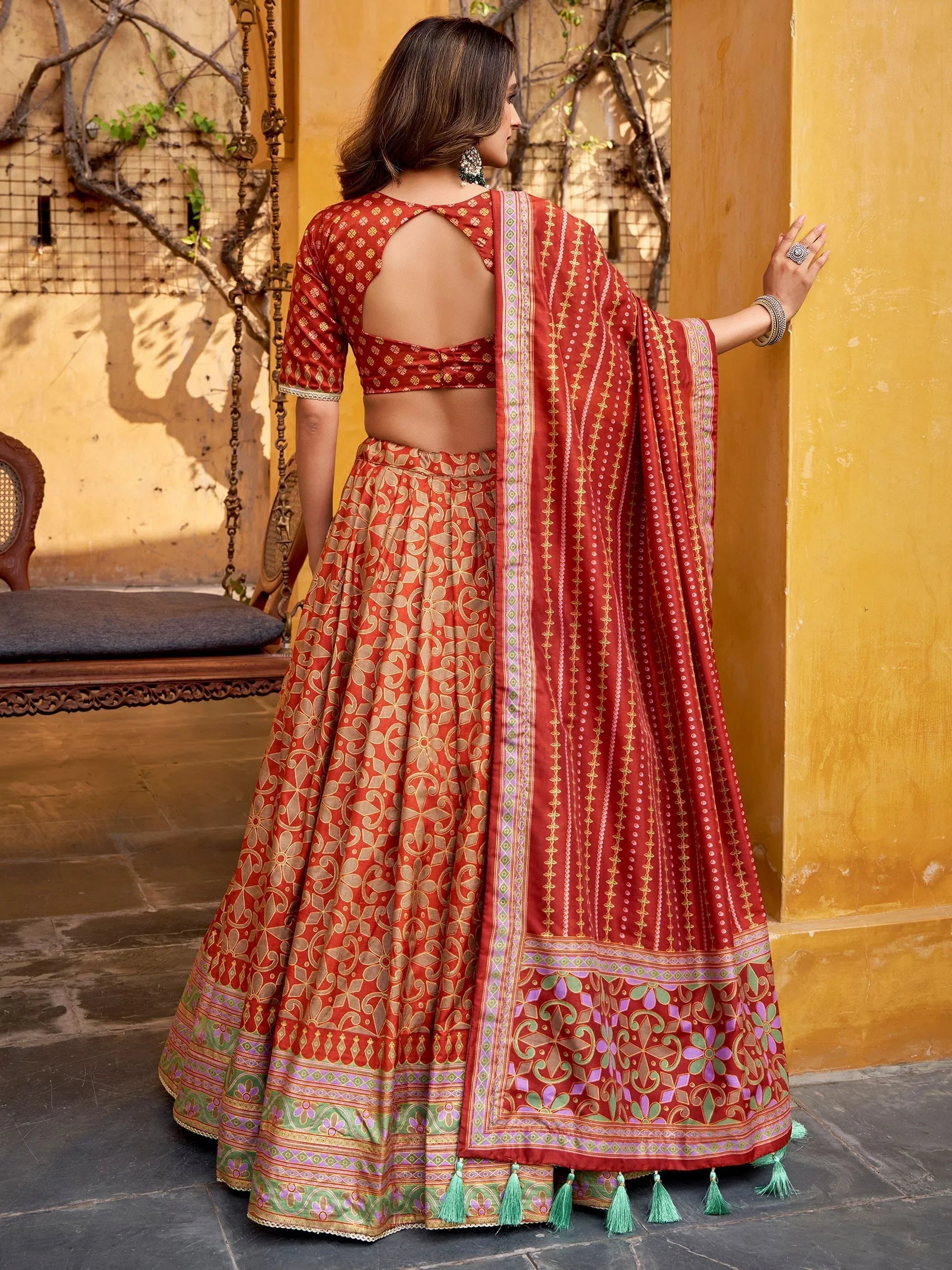 Orange Silk Digital Printed Function Wear Lehenga Choli for Women
