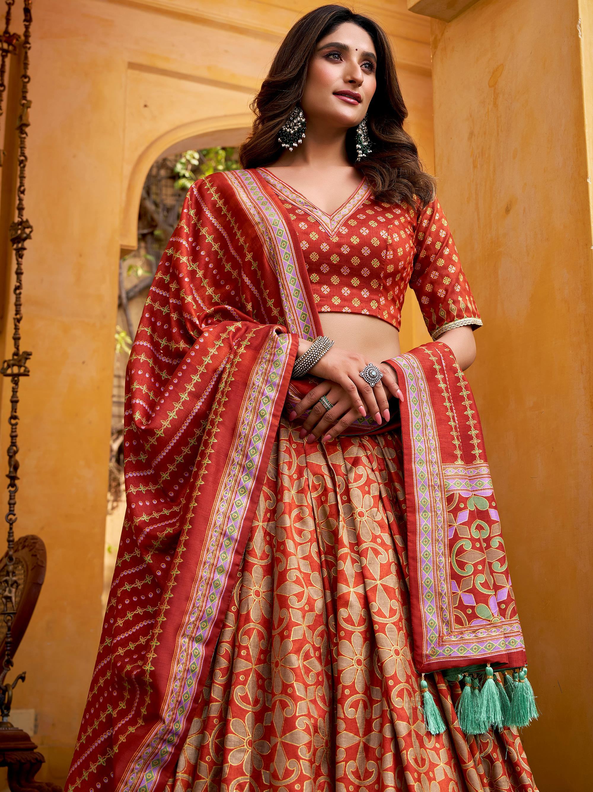 Orange Silk Digital Printed Function Wear Lehenga Choli for Women