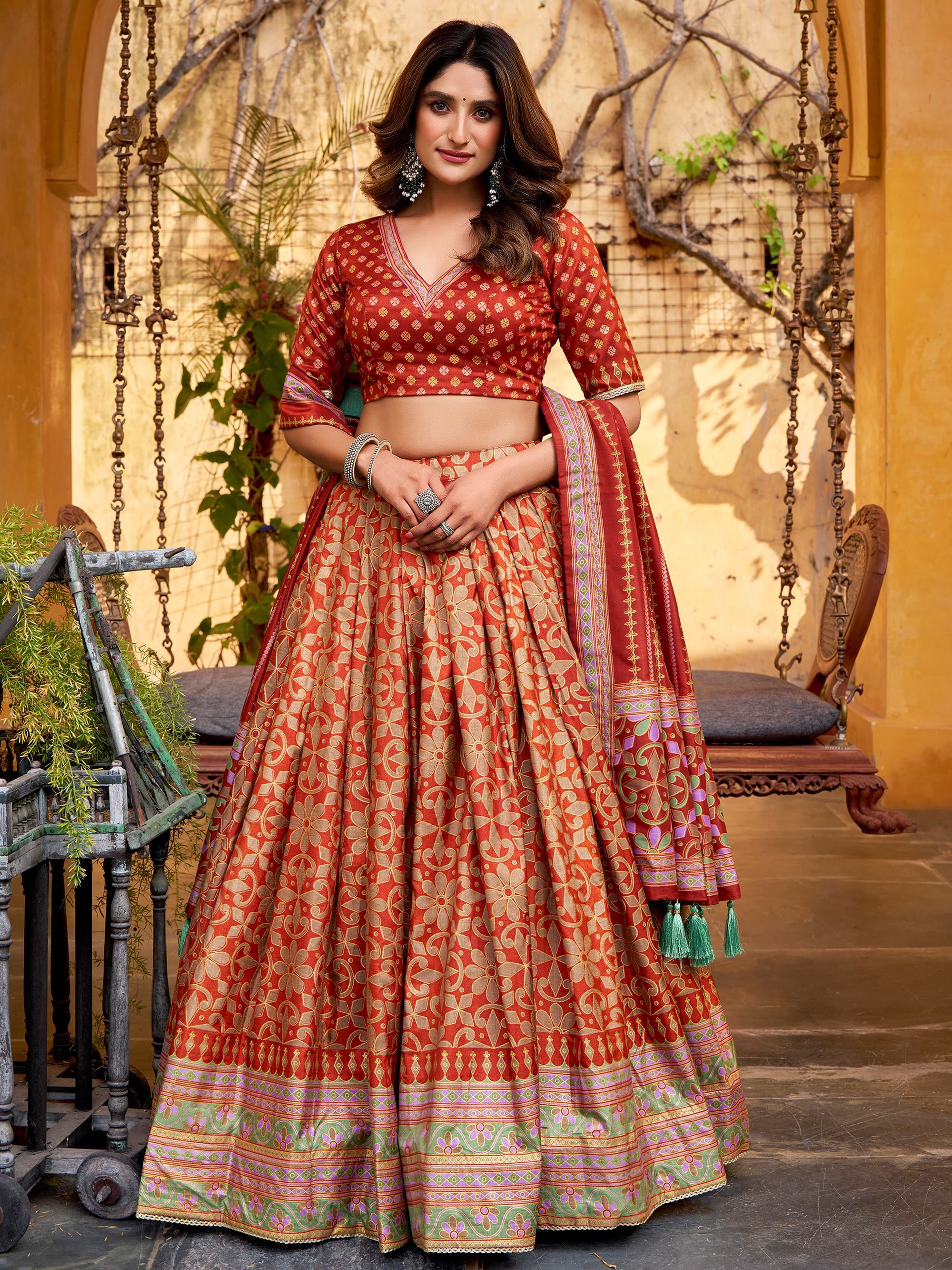 Orange Silk Digital Printed Function Wear Lehenga Choli for Women