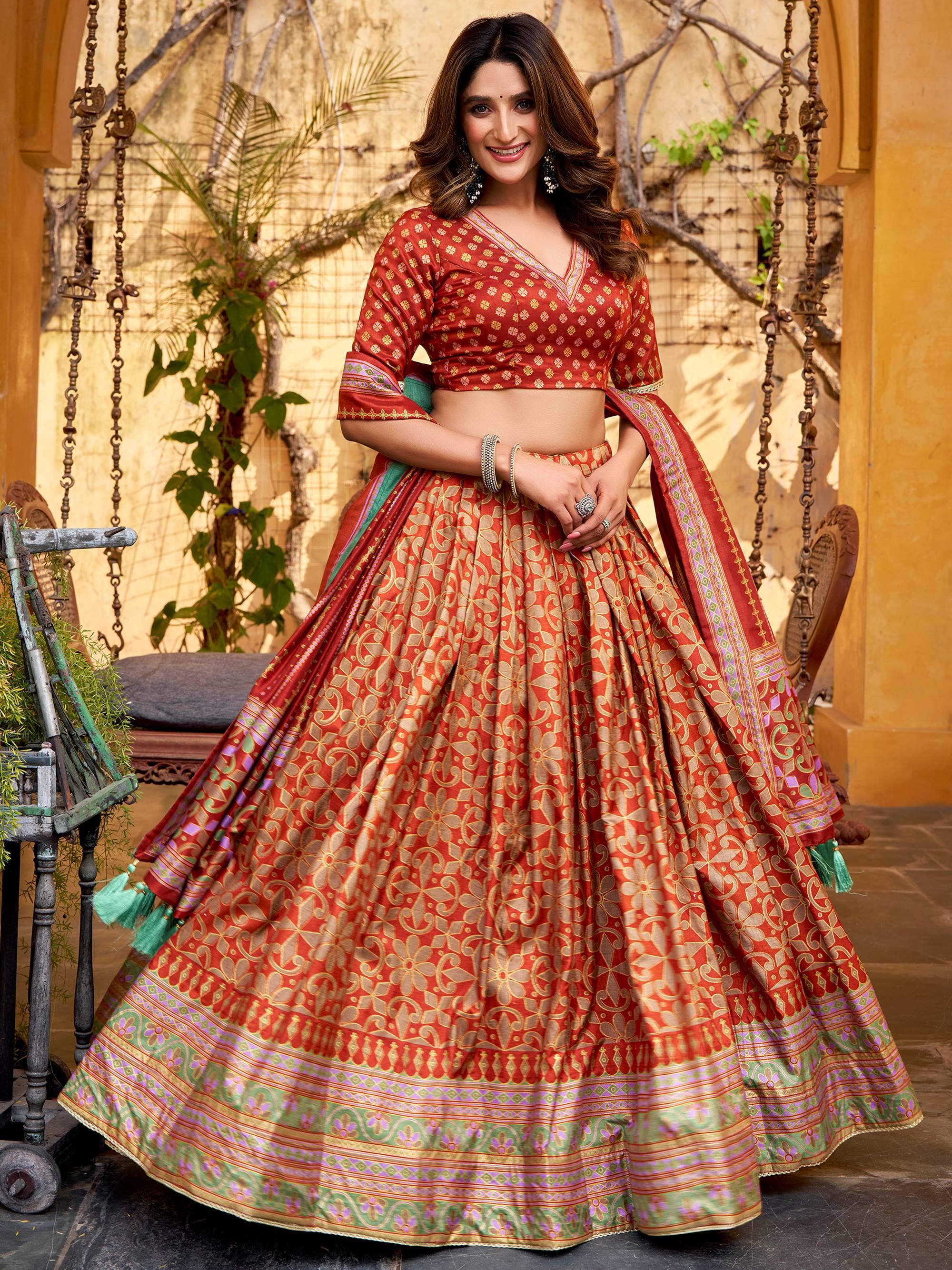 Orange Silk Digital Printed Function Wear Lehenga Choli for Women