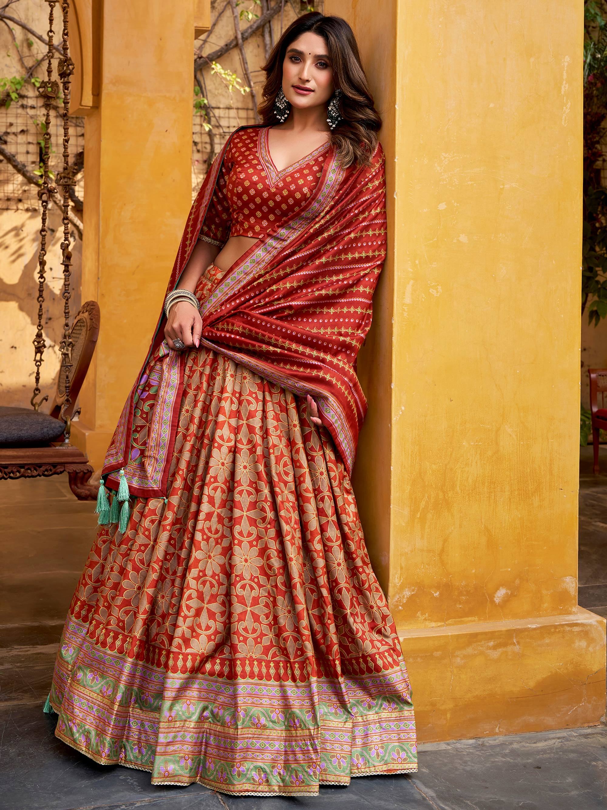 Orange Silk Digital Printed Function Wear Lehenga Choli for Women