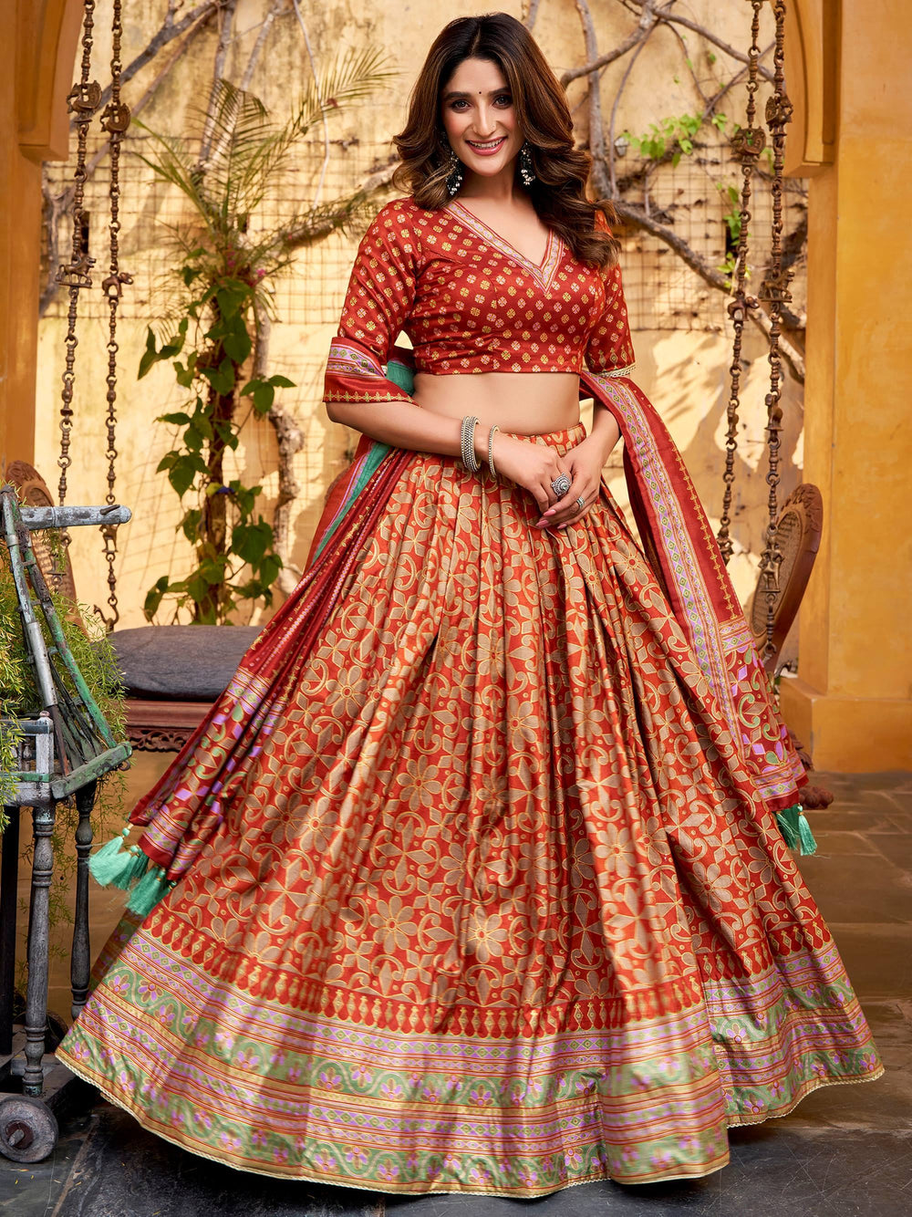 Orange Silk Digital Printed Function Wear Lehenga Choli for Women