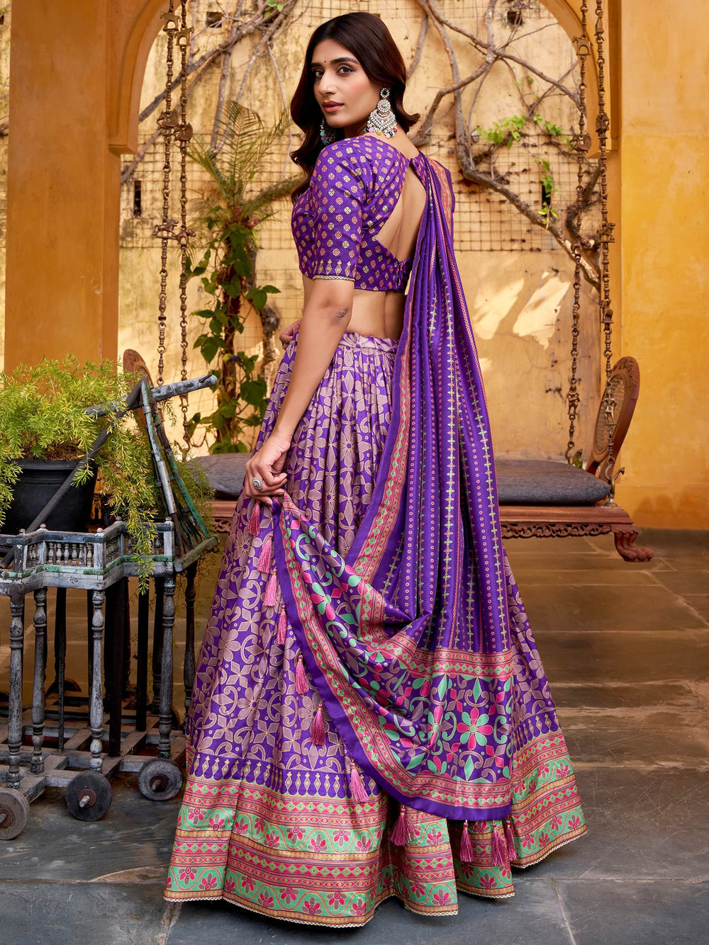Purple Silk Digital Printed Wedding Wear Lehenga Choli for Women