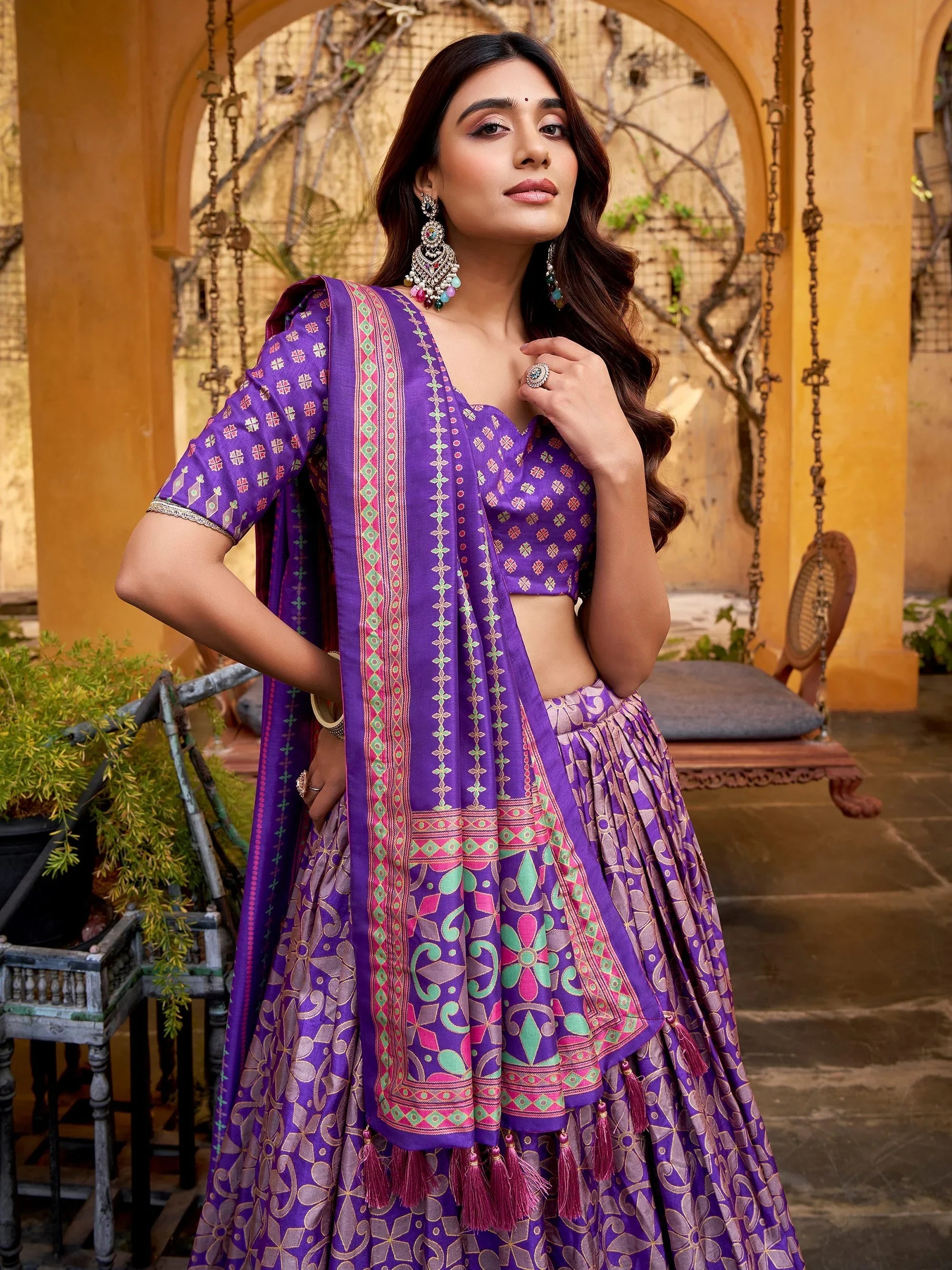 Purple Silk Digital Printed Wedding Wear Lehenga Choli for Women