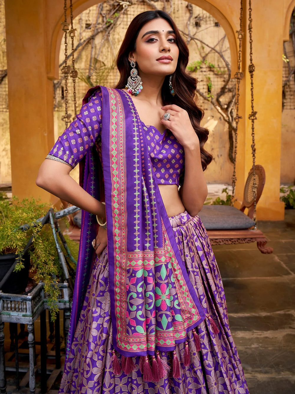 Purple Silk Digital Printed Wedding Wear Lehenga Choli for Women