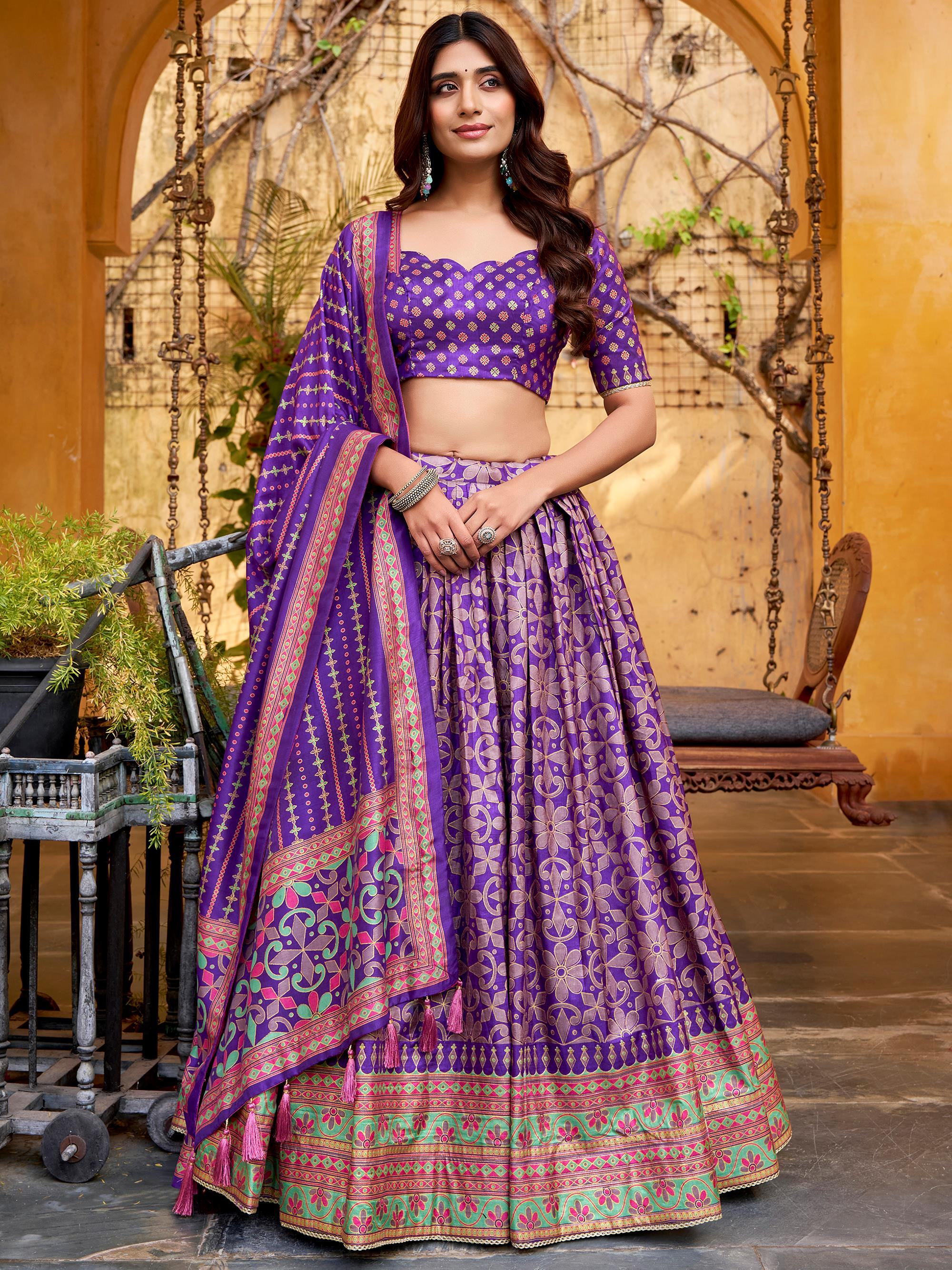 Purple Silk Digital Printed Wedding Wear Lehenga Choli for Women