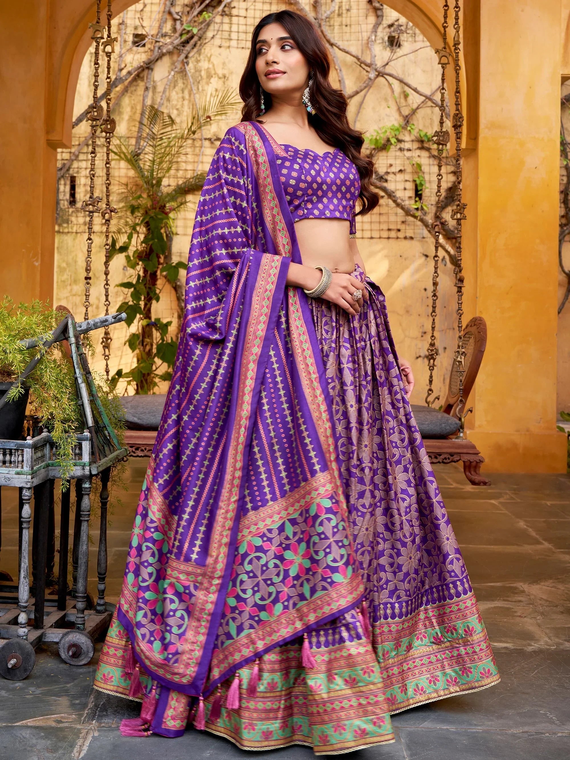 Purple Silk Digital Printed Wedding Wear Lehenga Choli for Women