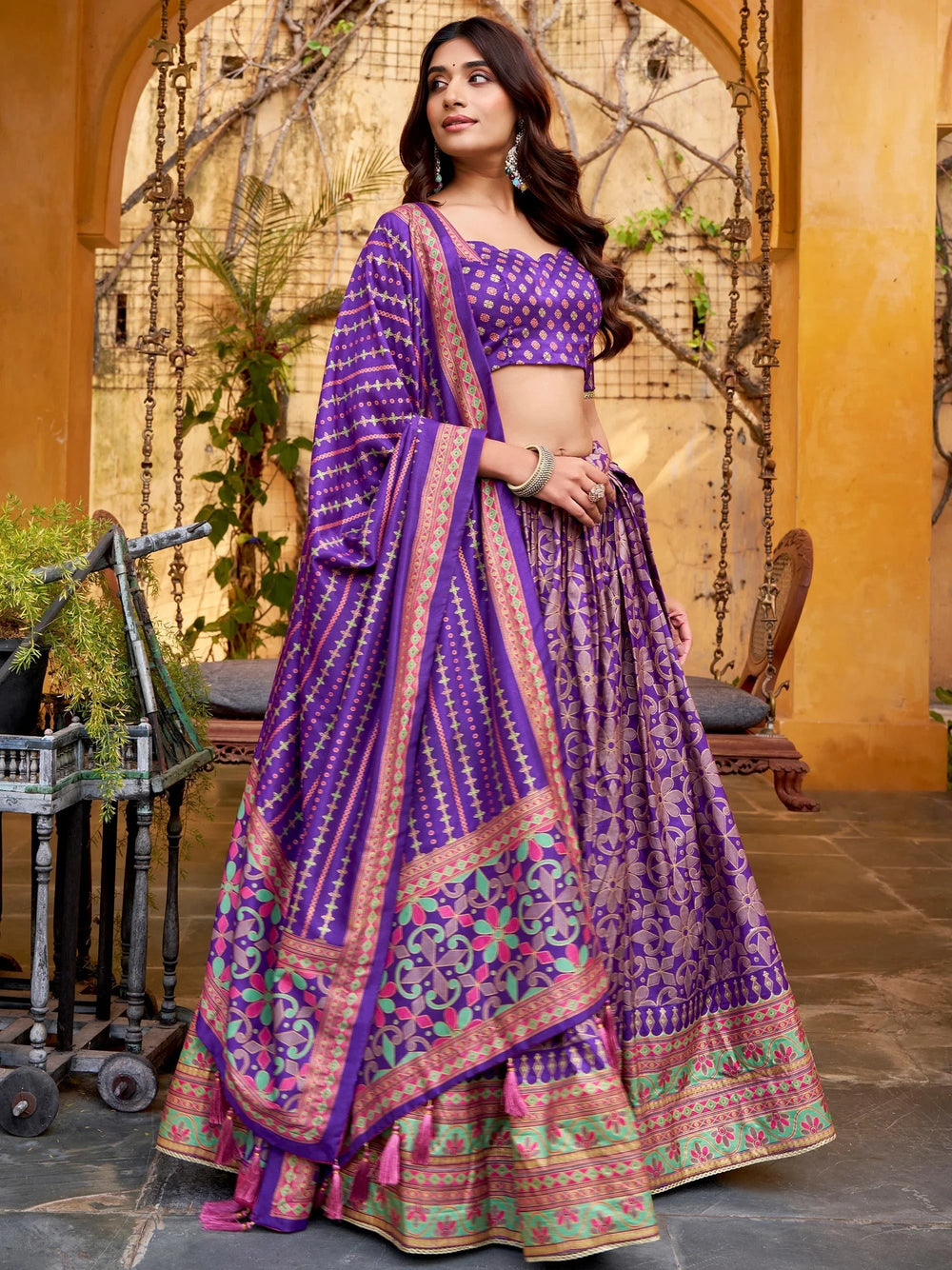 Purple Silk Digital Printed Wedding Wear Lehenga Choli for Women