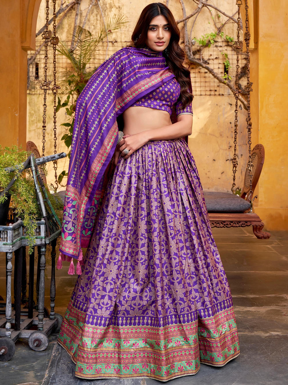Purple Silk Digital Printed Wedding Wear Lehenga Choli for Women