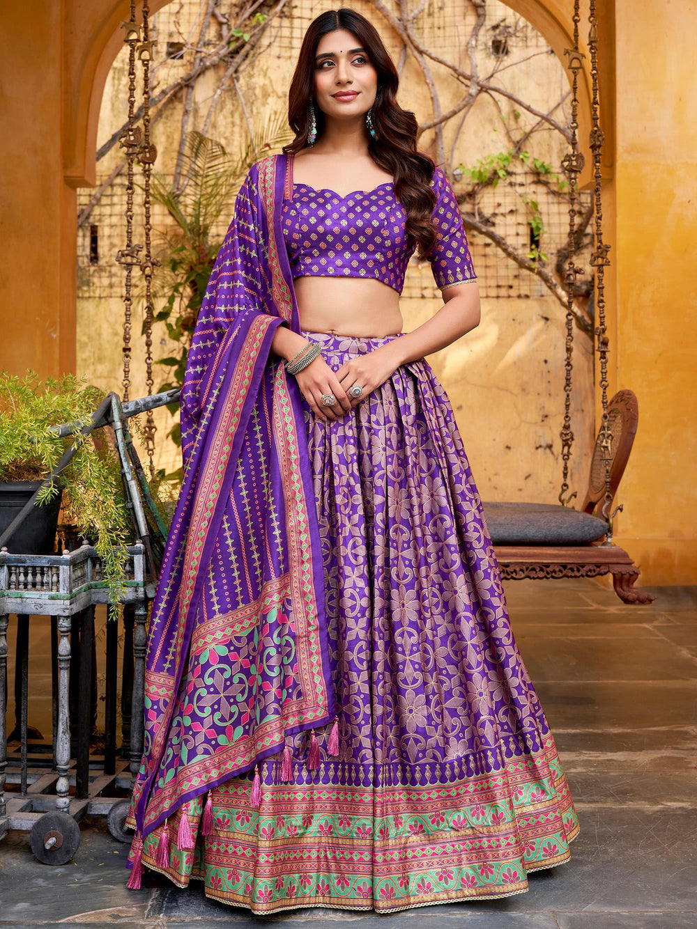 Purple Silk Digital Printed Wedding Wear Lehenga Choli for Women