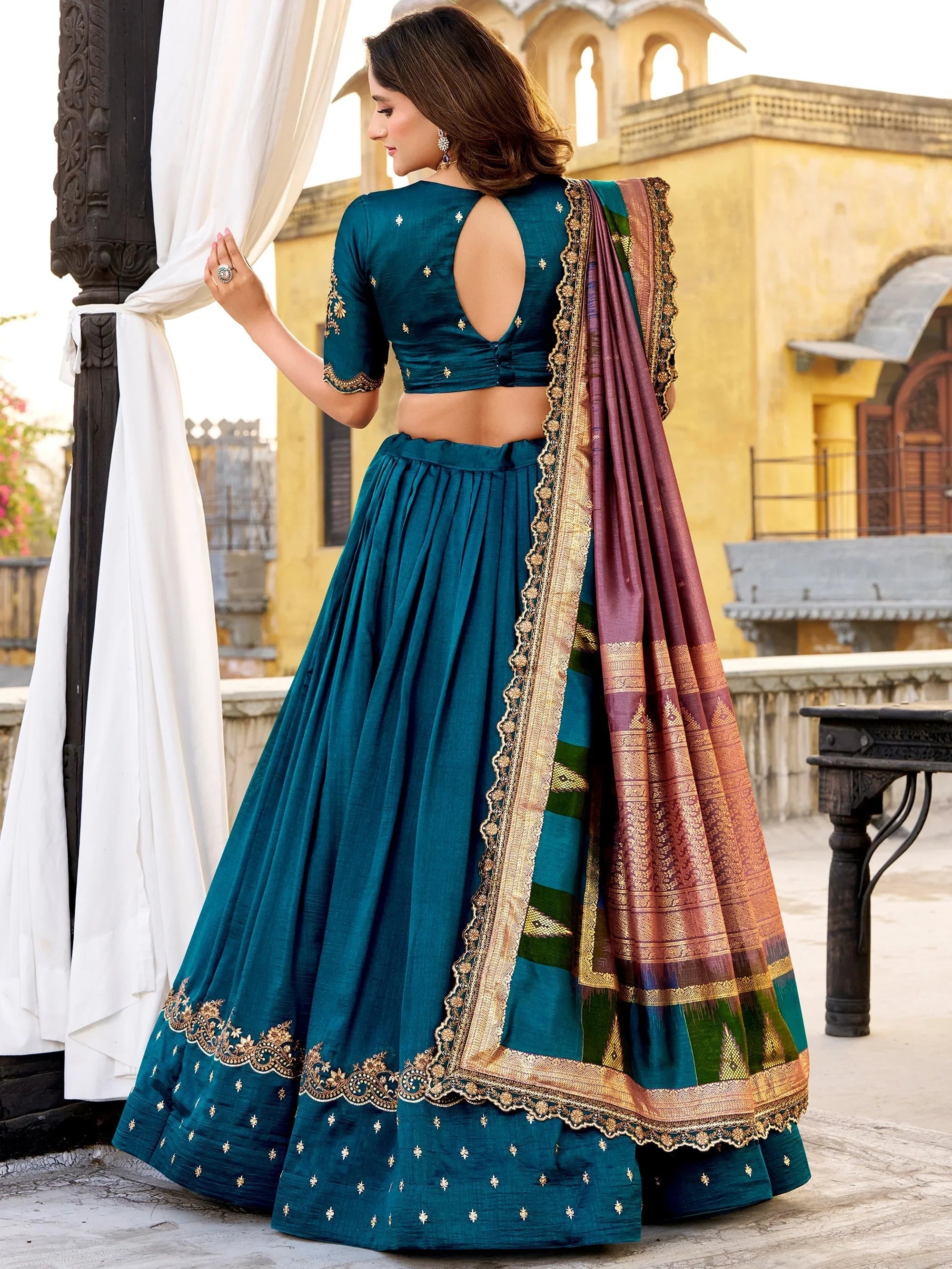 Teal Blue Silk Embroidered Wedding Wear Lehenga Choli for Women