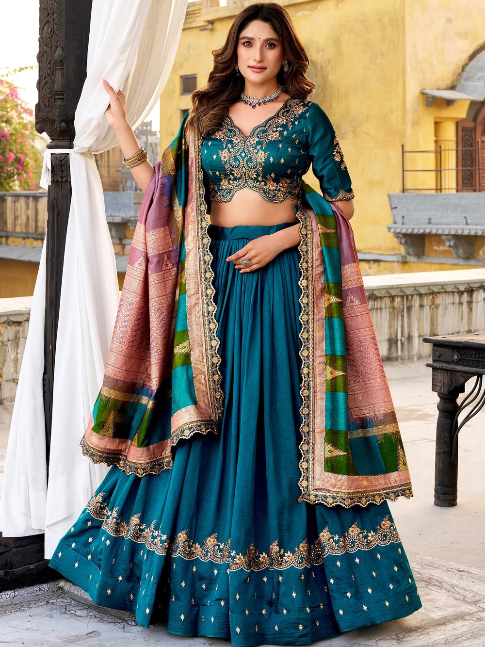Teal Blue Silk Embroidered Wedding Wear Lehenga Choli for Women