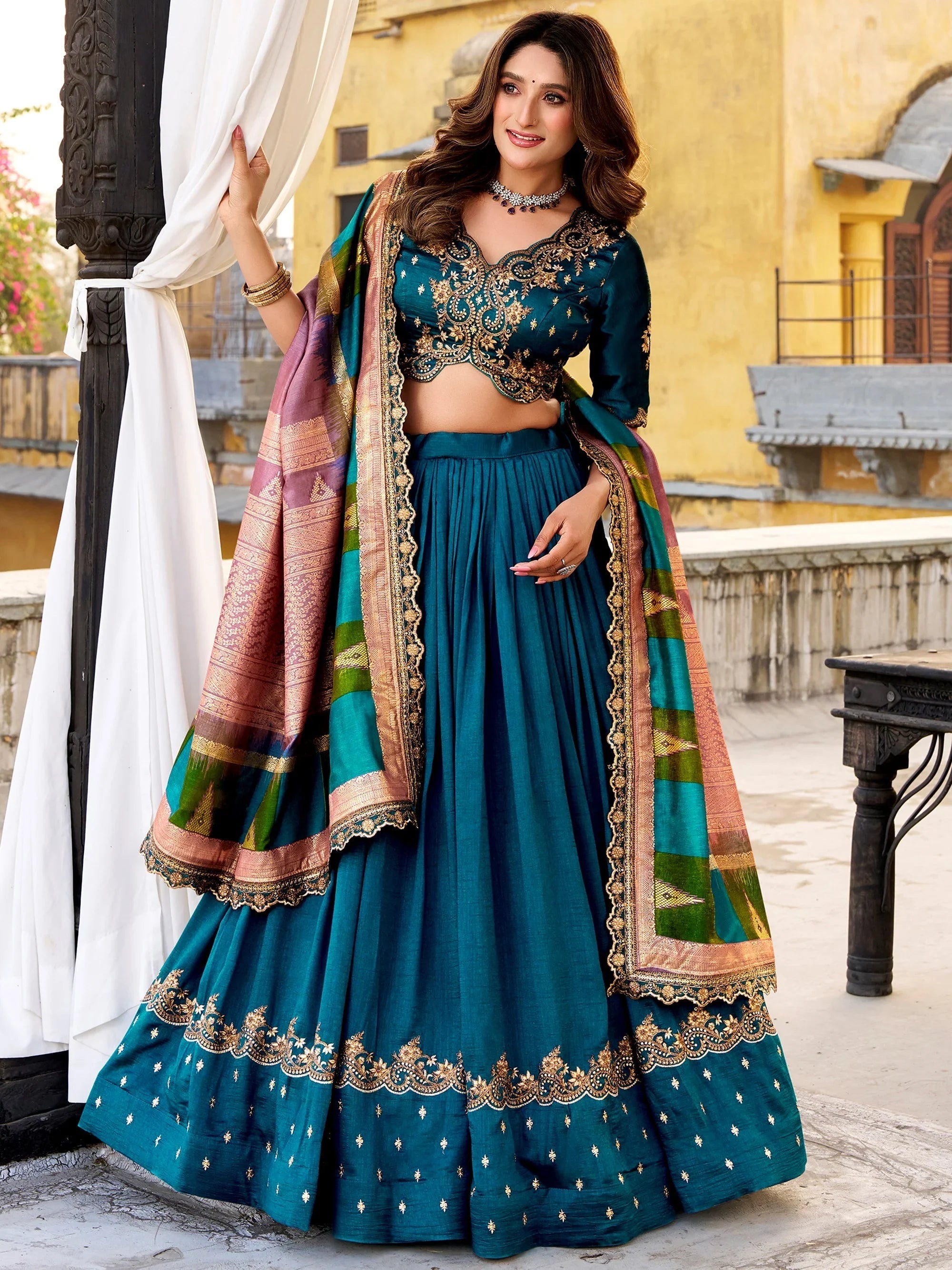 Teal Blue Silk Embroidered Wedding Wear Lehenga Choli for Women