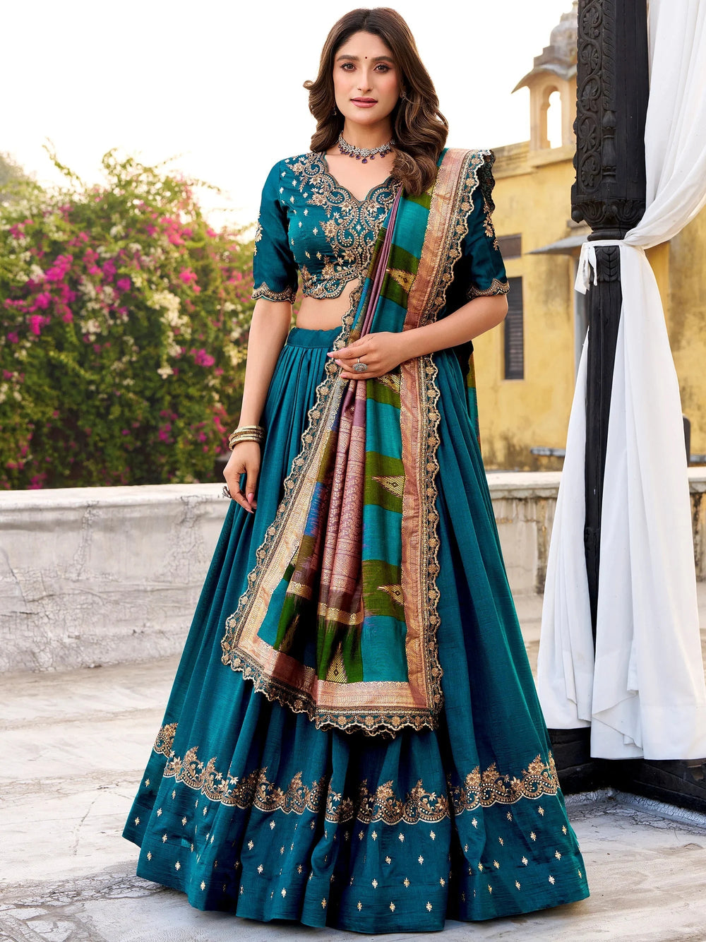 Teal Blue Silk Embroidered Wedding Wear Lehenga Choli for Women