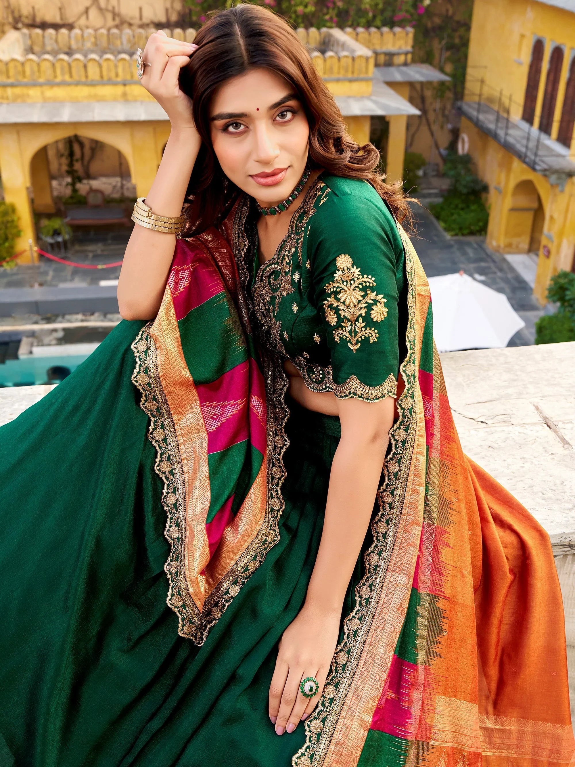 Green Silk Embroidered Engagement Wear Lehenga Choli for Women