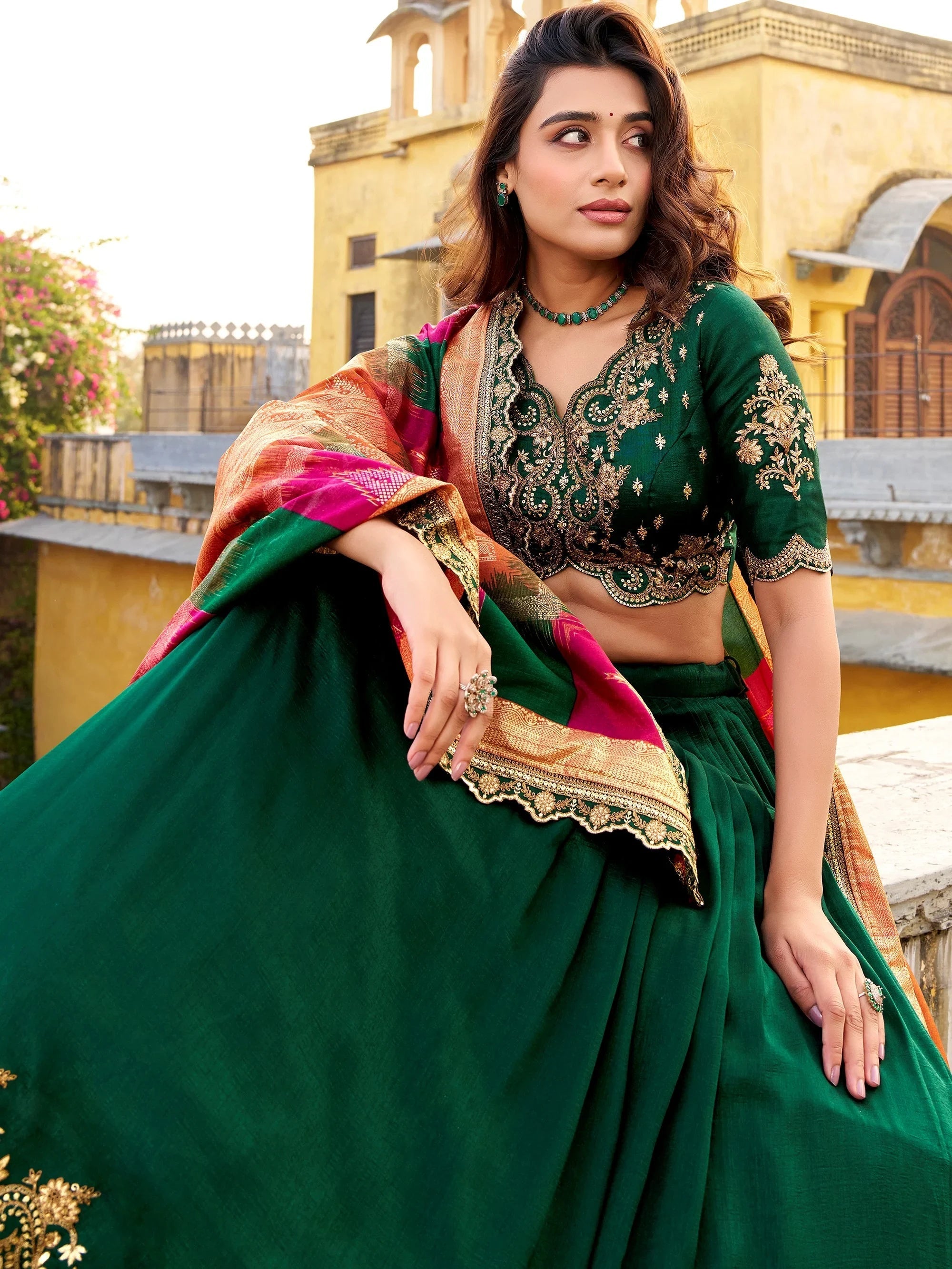 Green Silk Embroidered Engagement Wear Lehenga Choli for Women