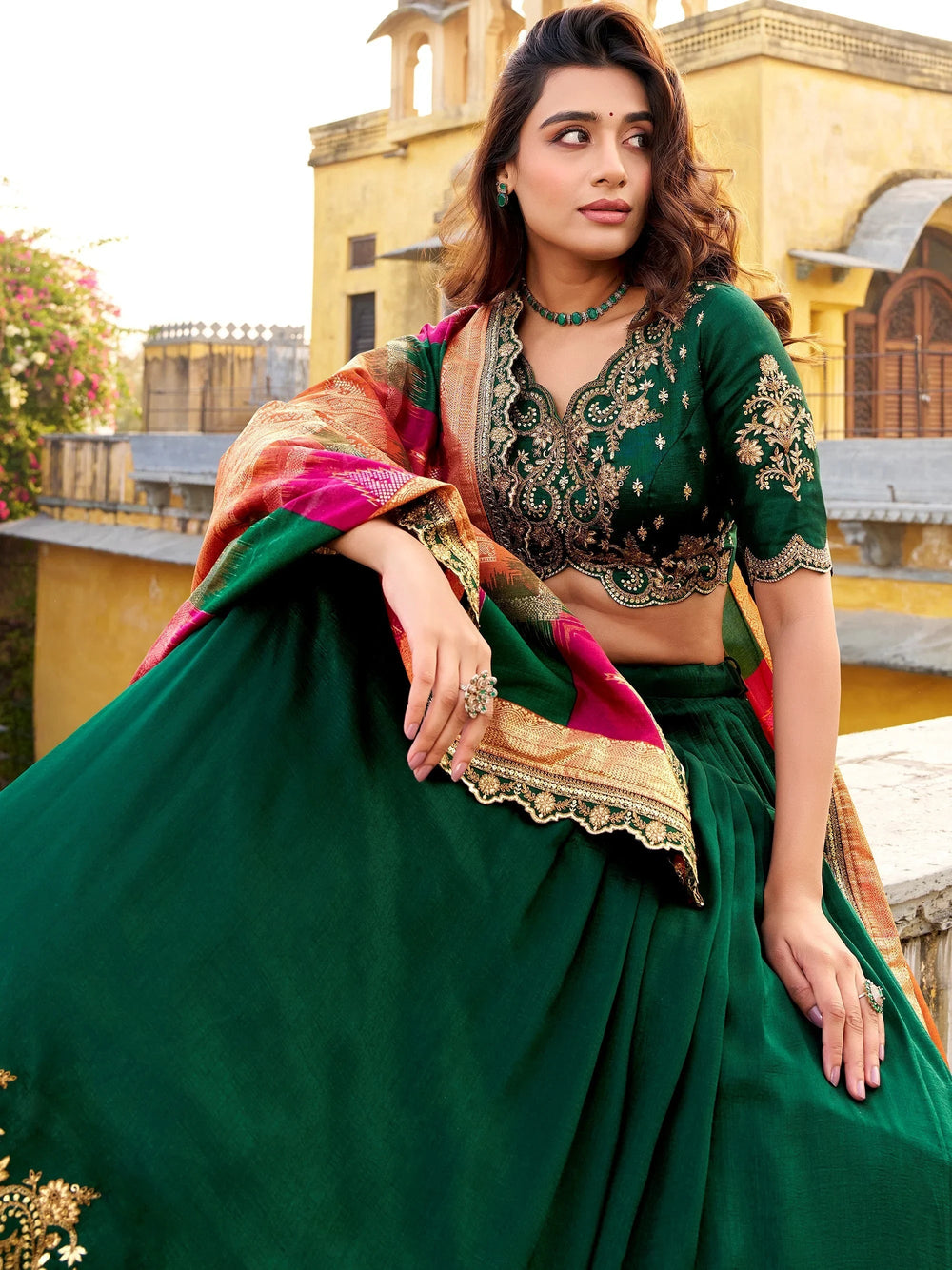 Green Silk Embroidered Engagement Wear Lehenga Choli for Women