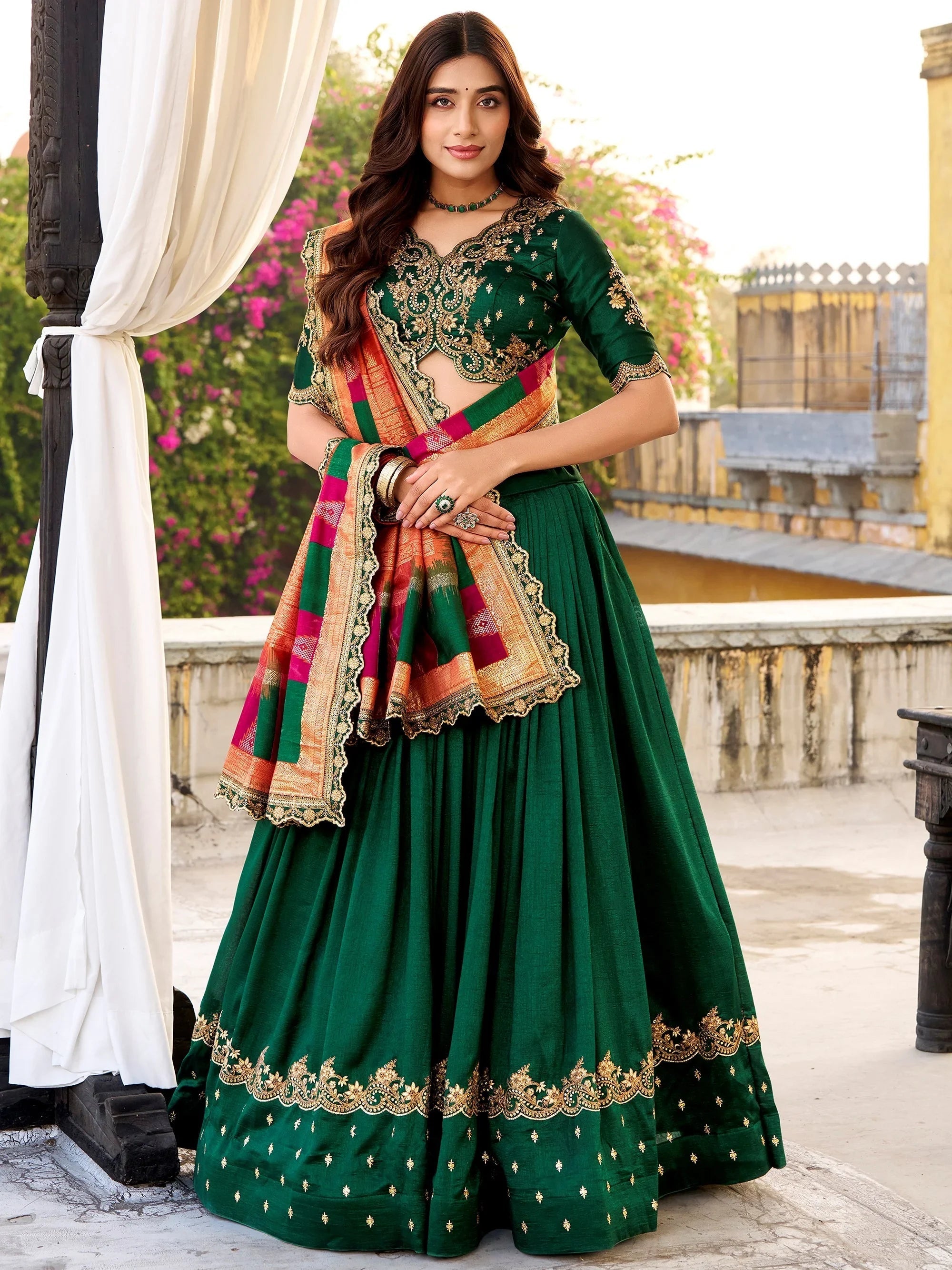 Green Silk Embroidered Engagement Wear Lehenga Choli for Women