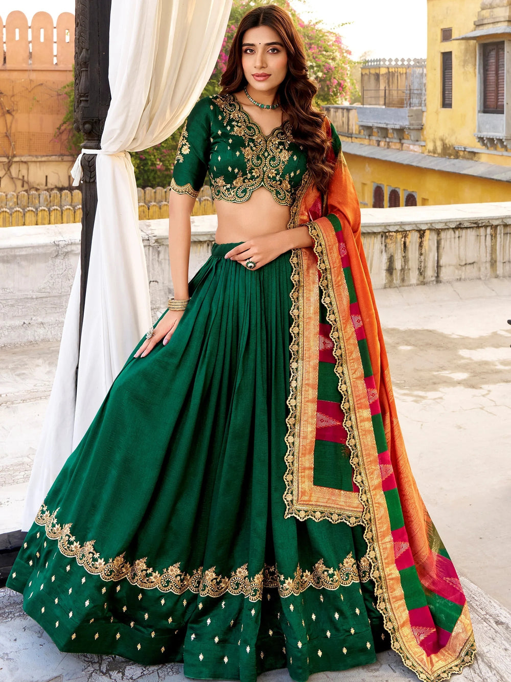 Green Silk Embroidered Engagement Wear Lehenga Choli for Women