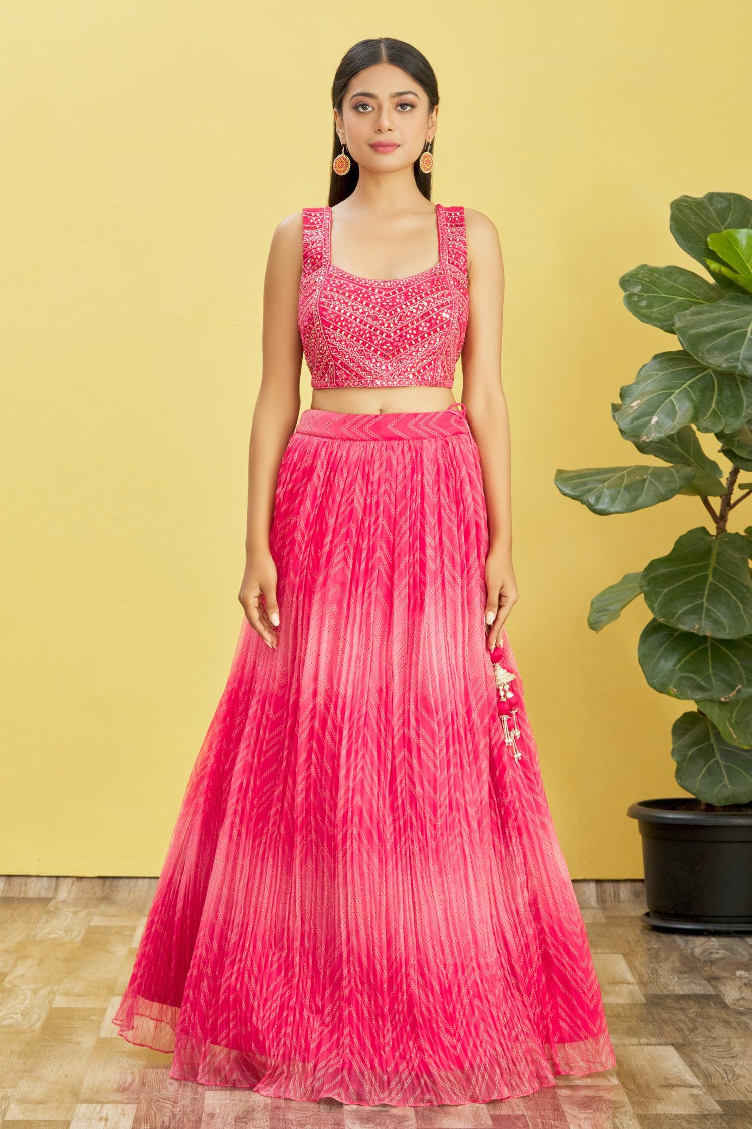 Pink Mirror Work Organza Reception Lehenga Choli for Women