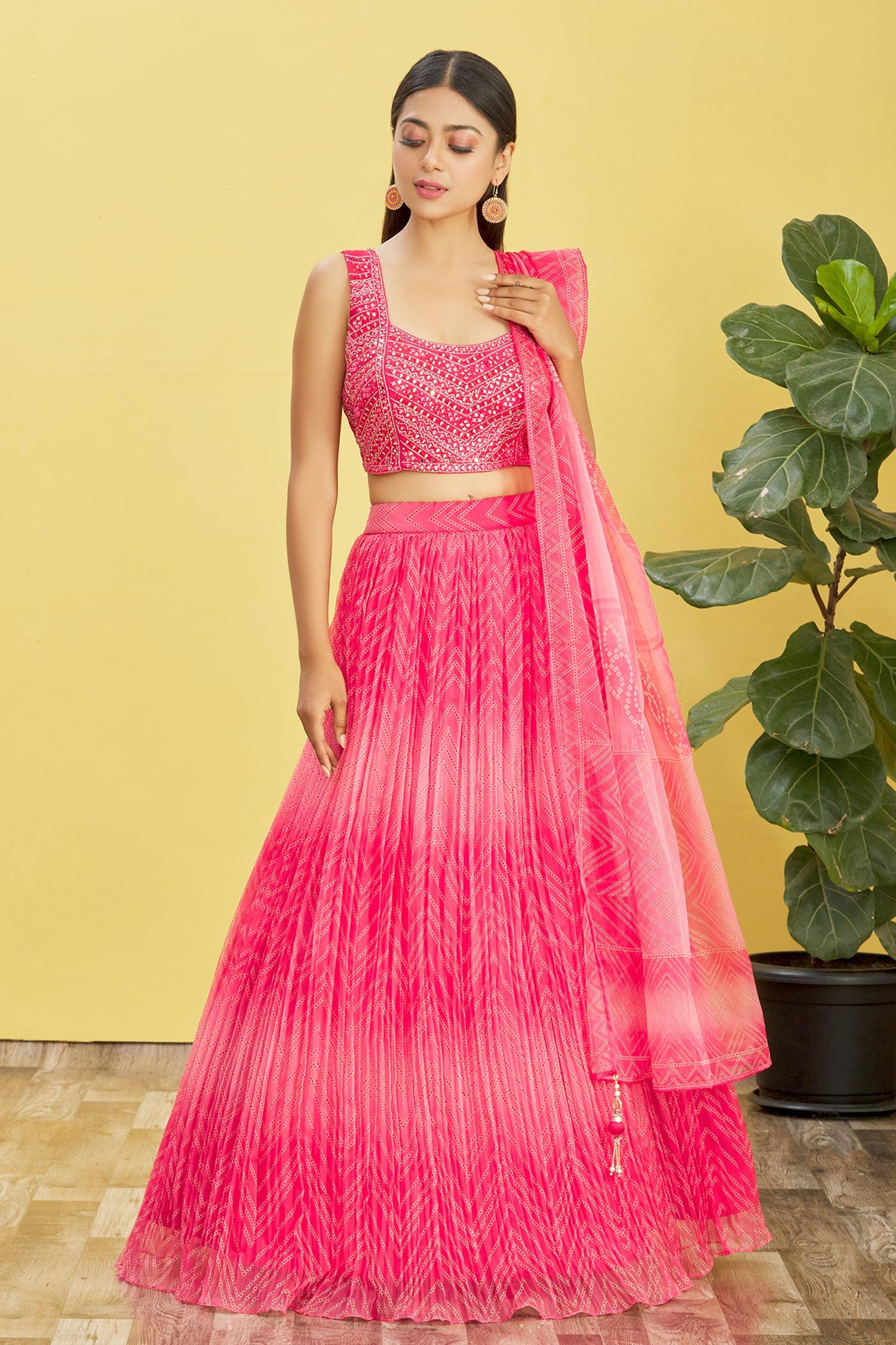 Pink Mirror Work Organza Reception Lehenga Choli for Women
