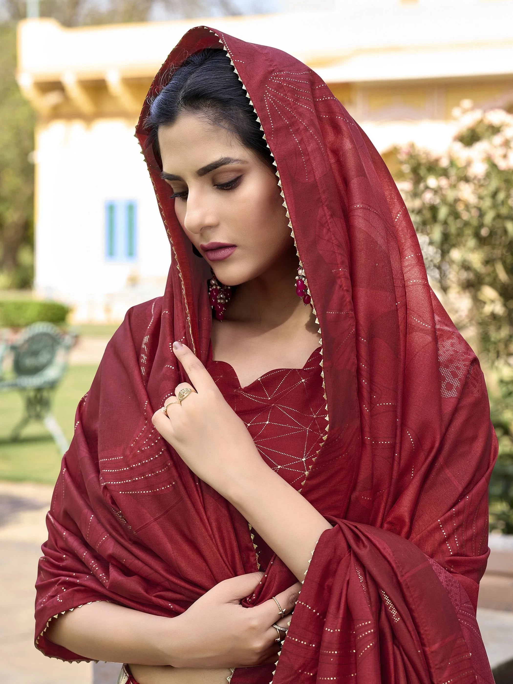 Red Tussar Silk Floral Printed Lehenga Choli With Dupatta