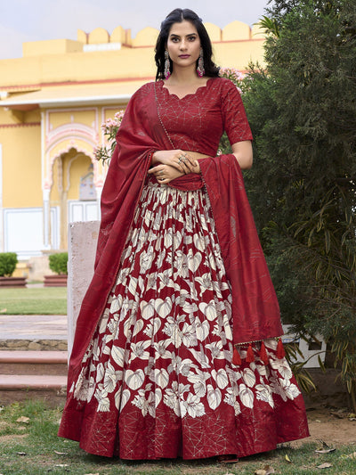 Red Tussar Silk Floral Printed Lehenga Choli With Dupatta