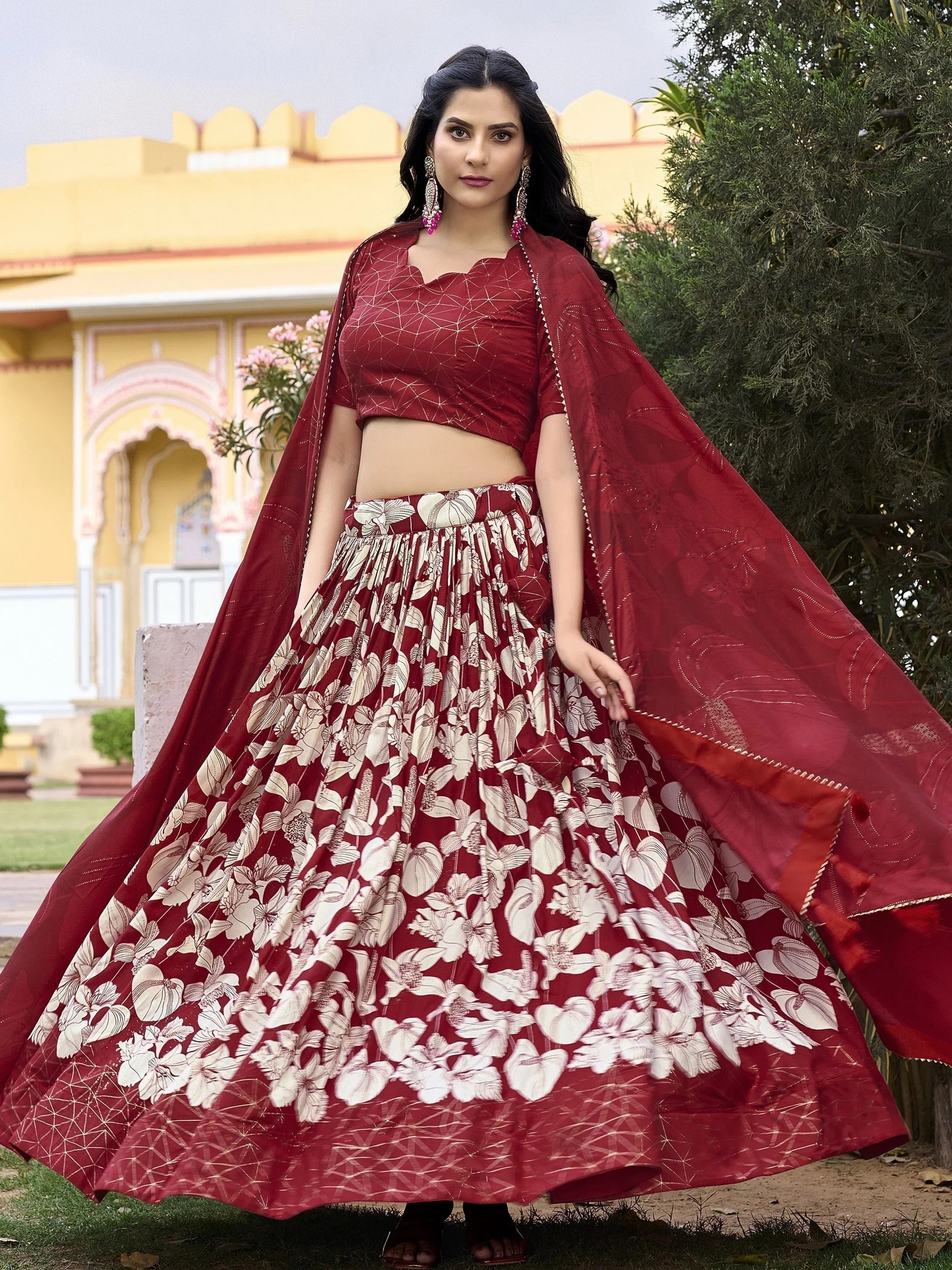 Red Tussar Silk Floral Printed Lehenga Choli With Dupatta