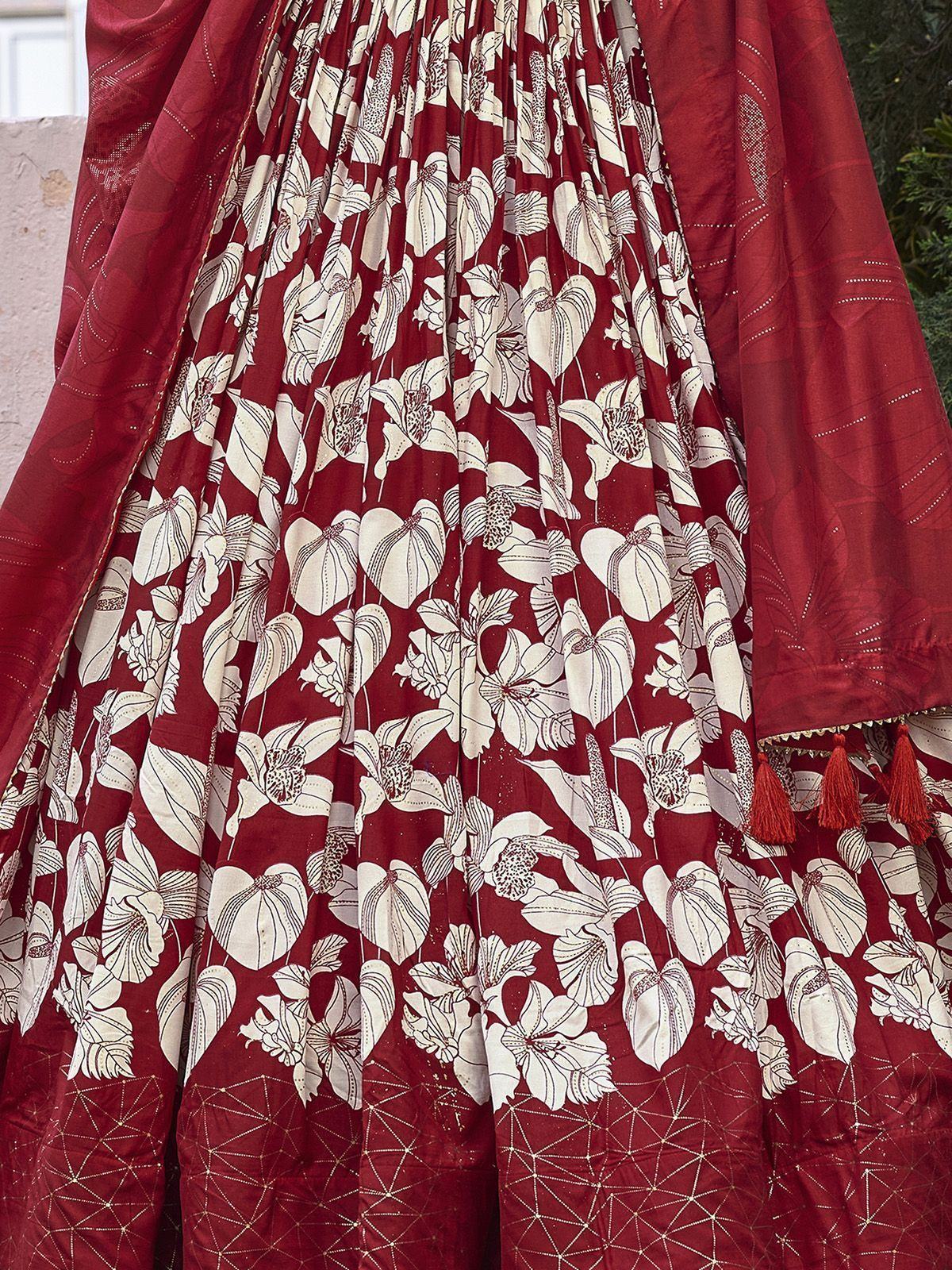 Red Tussar Silk Floral Printed Lehenga Choli With Dupatta