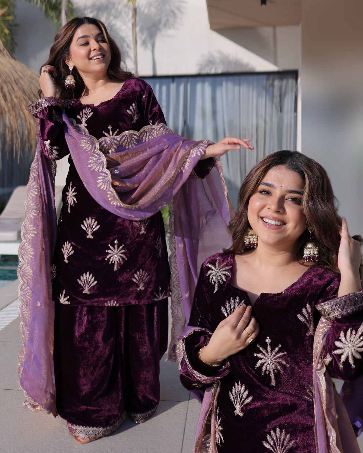 Wine Velvet Zari Embroidered Wedding Palazzo Suit for Women