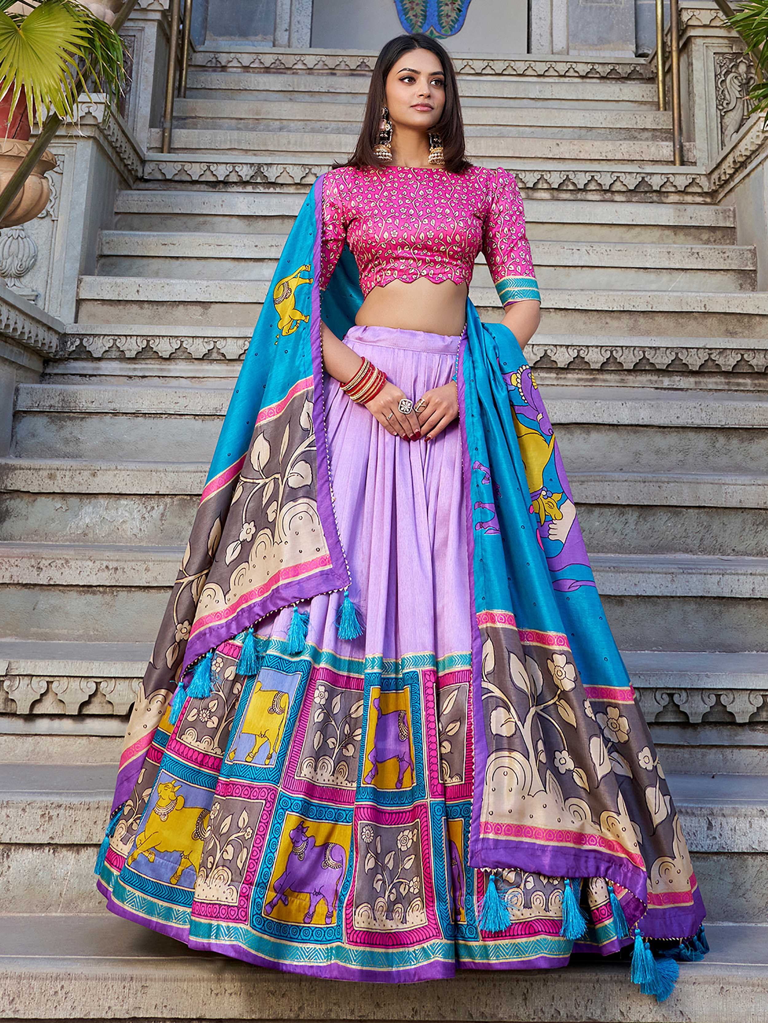 Lavender Kalamkari Printed Traditional Lehenga Choli for Women
