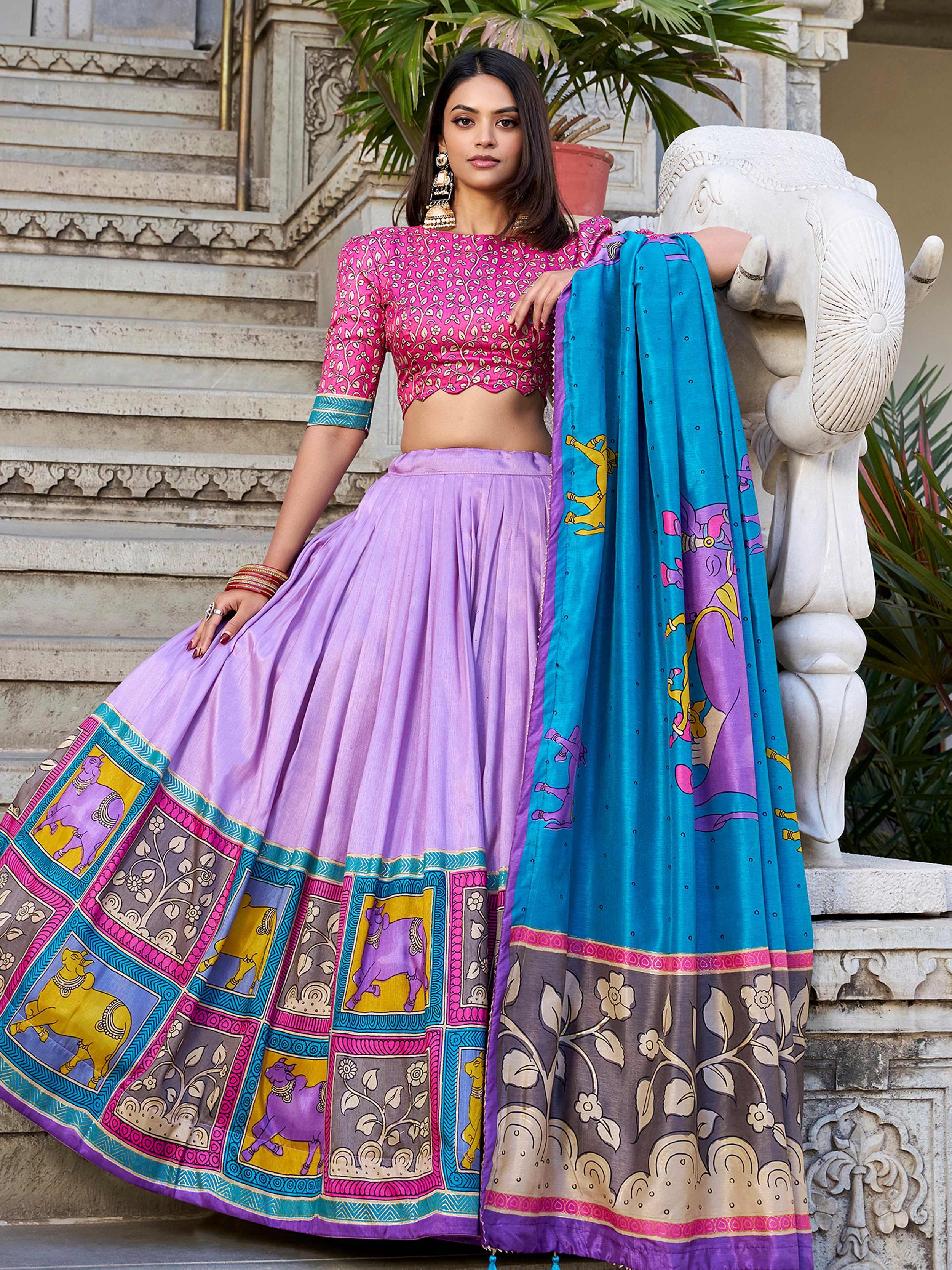 Lavender Kalamkari Printed Traditional Lehenga Choli for Women