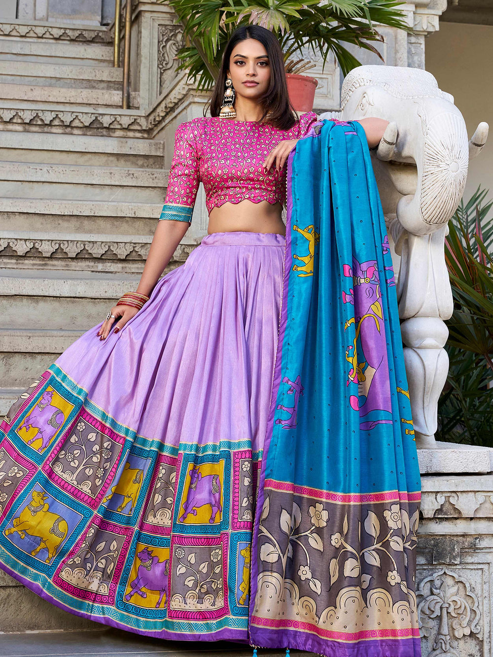 Lavender Kalamkari Printed Traditional Lehenga Choli for Women
