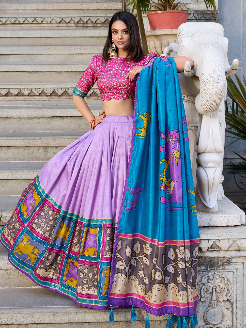 Lavender Kalamkari Printed Traditional Lehenga Choli for Women