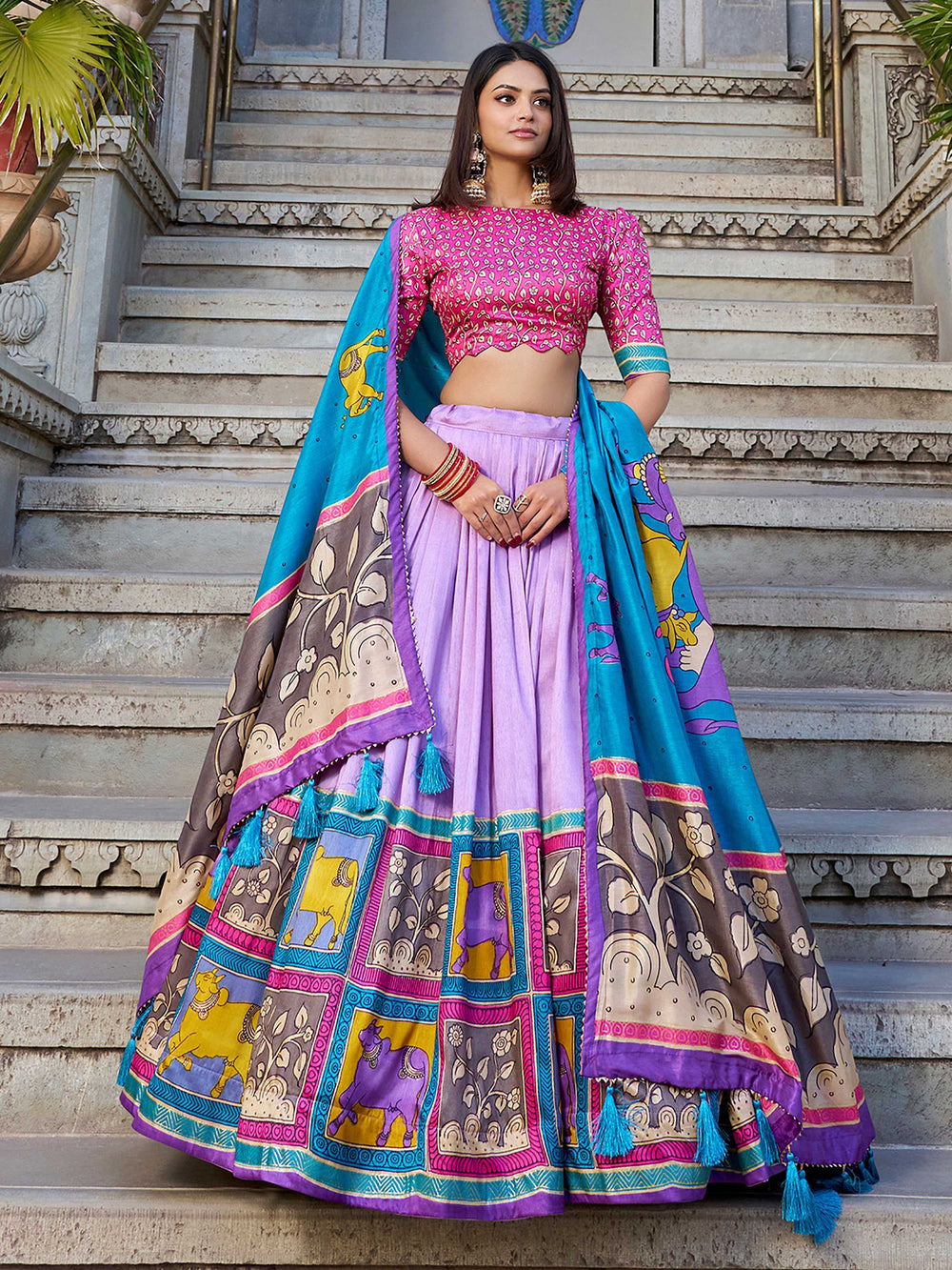 Lavender Kalamkari Printed Traditional Lehenga Choli for Women