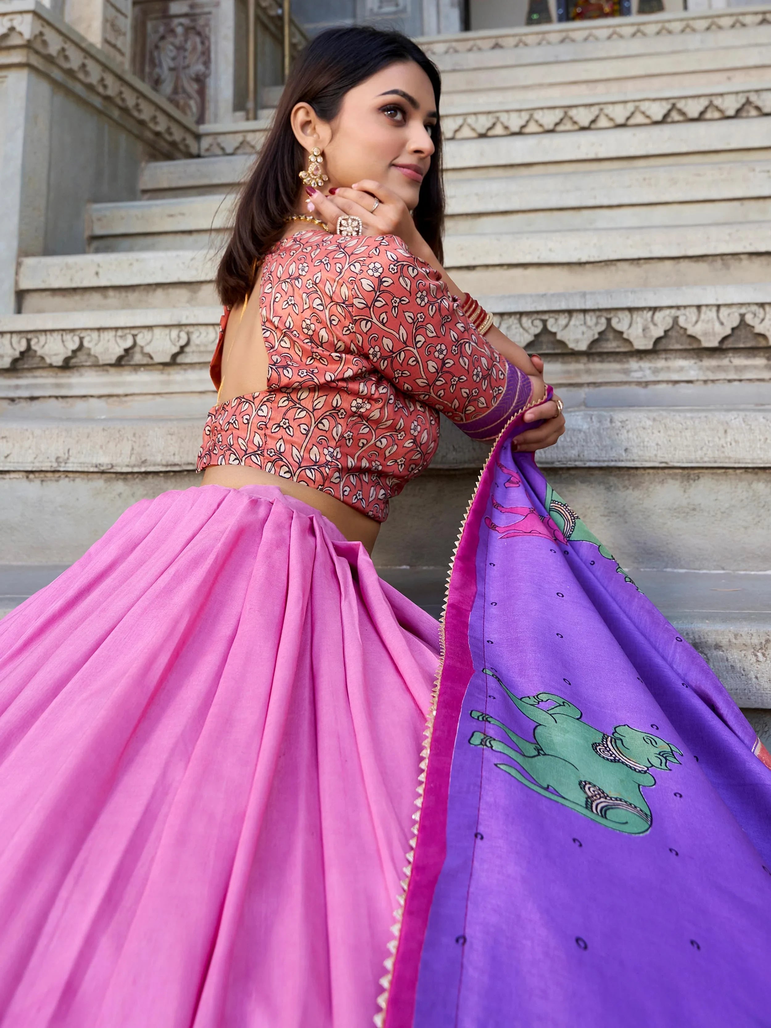 Pink Tussar Silk Foil Work Lehenga Choli With Dupatta