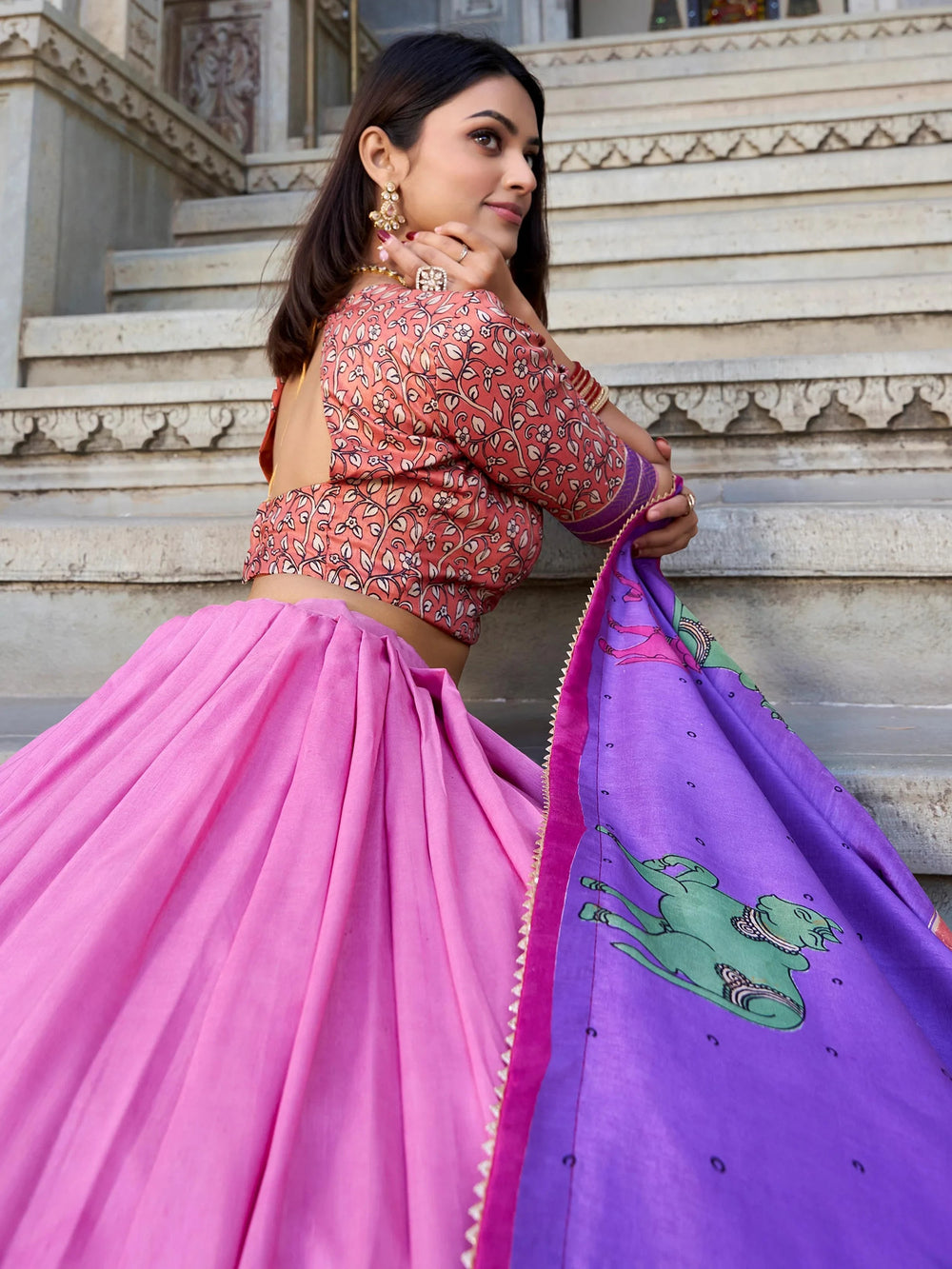 Pink Tussar Silk Foil Work Lehenga Choli With Dupatta