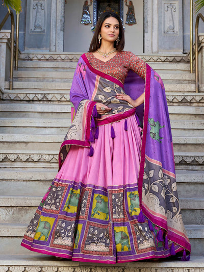 Pink Tussar Silk Foil Work Lehenga Choli With Dupatta