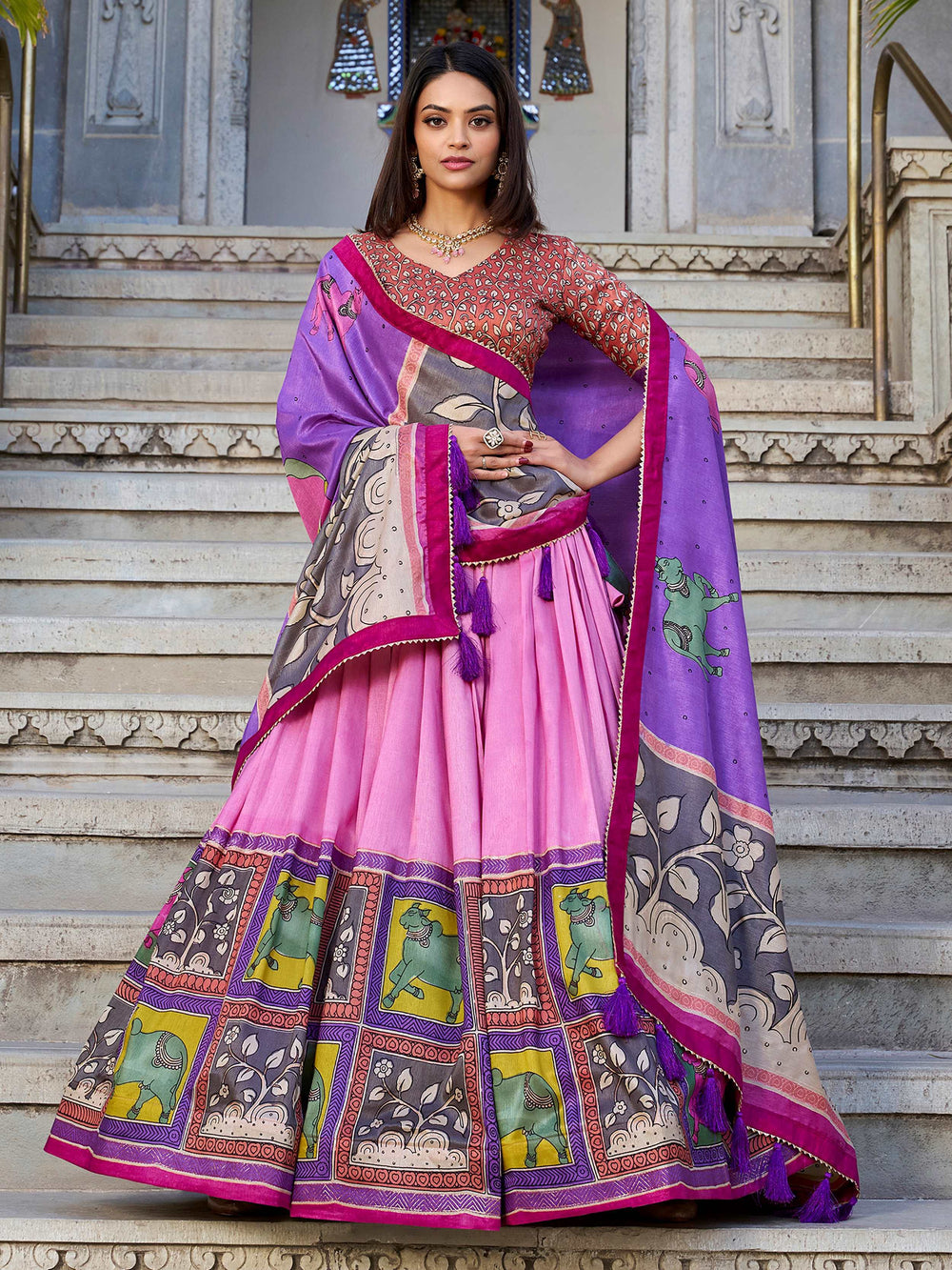 Pink Tussar Silk Foil Work Lehenga Choli With Dupatta